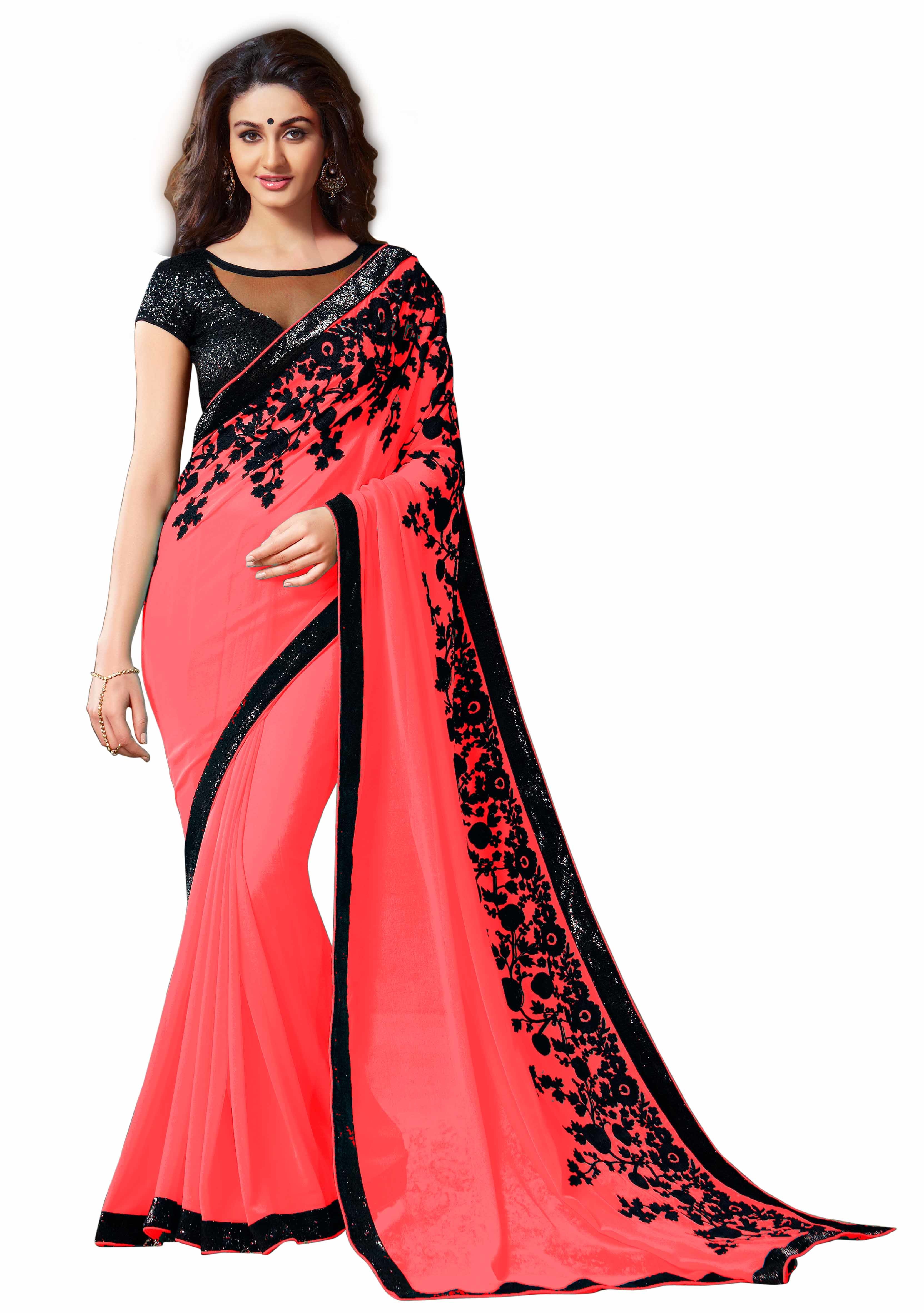 Pure Georgette Saree - Material: Georgette | Color: Cream, Cyan, Green, Pink, Peach, Blue, Red, Yellow | Style: Bollywood, Season: All Year Round