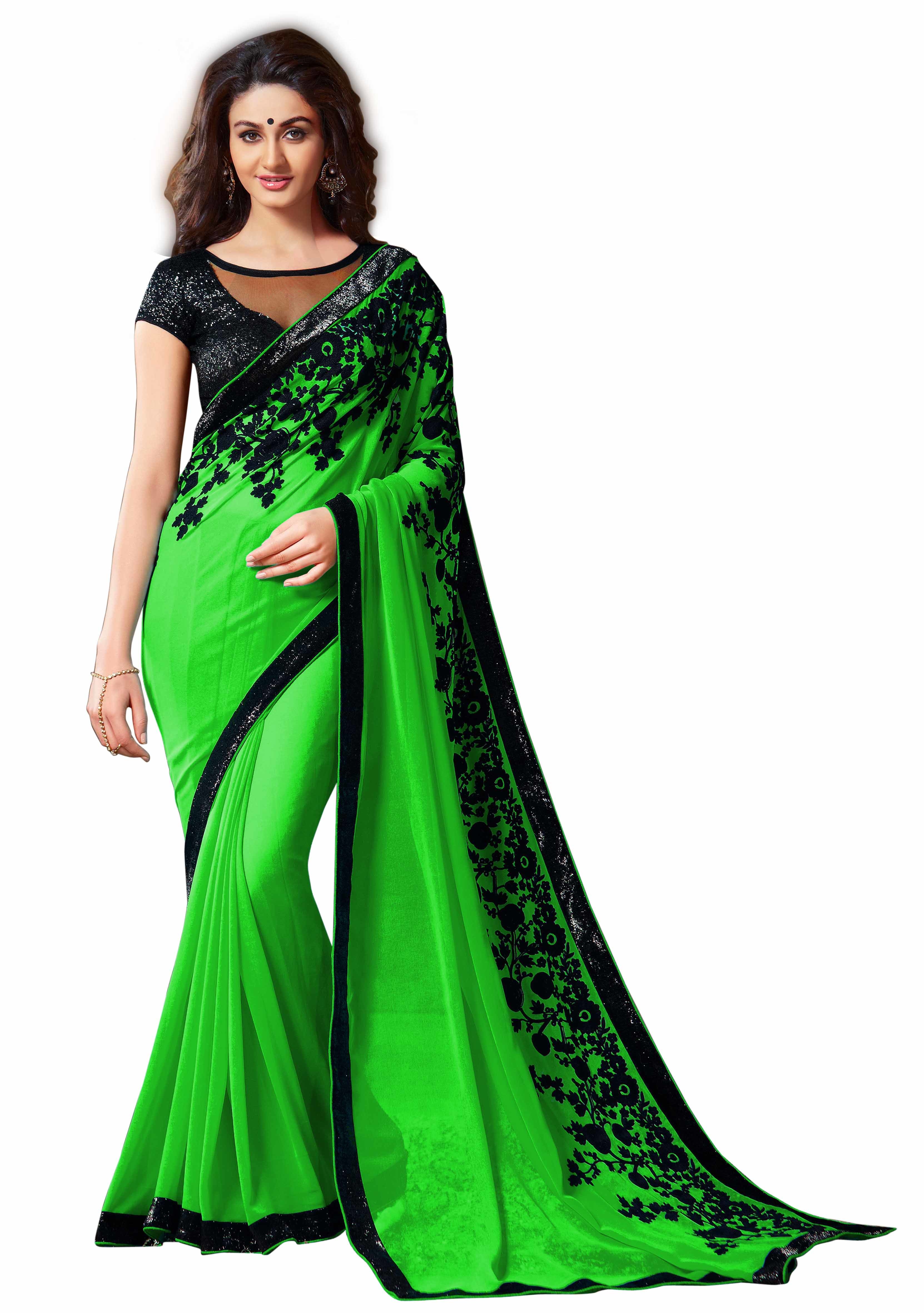 Pure Georgette Saree - Material: Georgette | Color: Cream, Cyan, Green, Pink, Peach, Blue, Red, Yellow | Style: Bollywood, Season: All Year Round