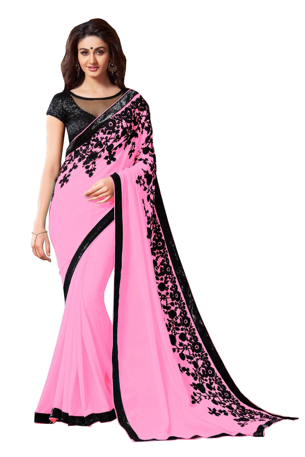 Pure Georgette Saree - Material: Georgette | Color: Cream, Cyan, Green, Pink, Peach, Blue, Red, Yellow | Style: Bollywood, Season: All Year Round