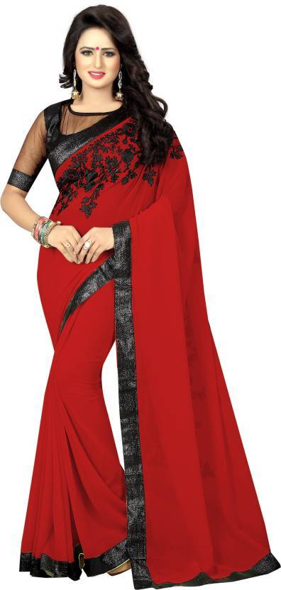 Pure Georgette Saree - Material: Georgette | Color: Cream, Cyan, Green, Pink, Peach, Blue, Red, Yellow | Style: Bollywood, Season: All Year Round