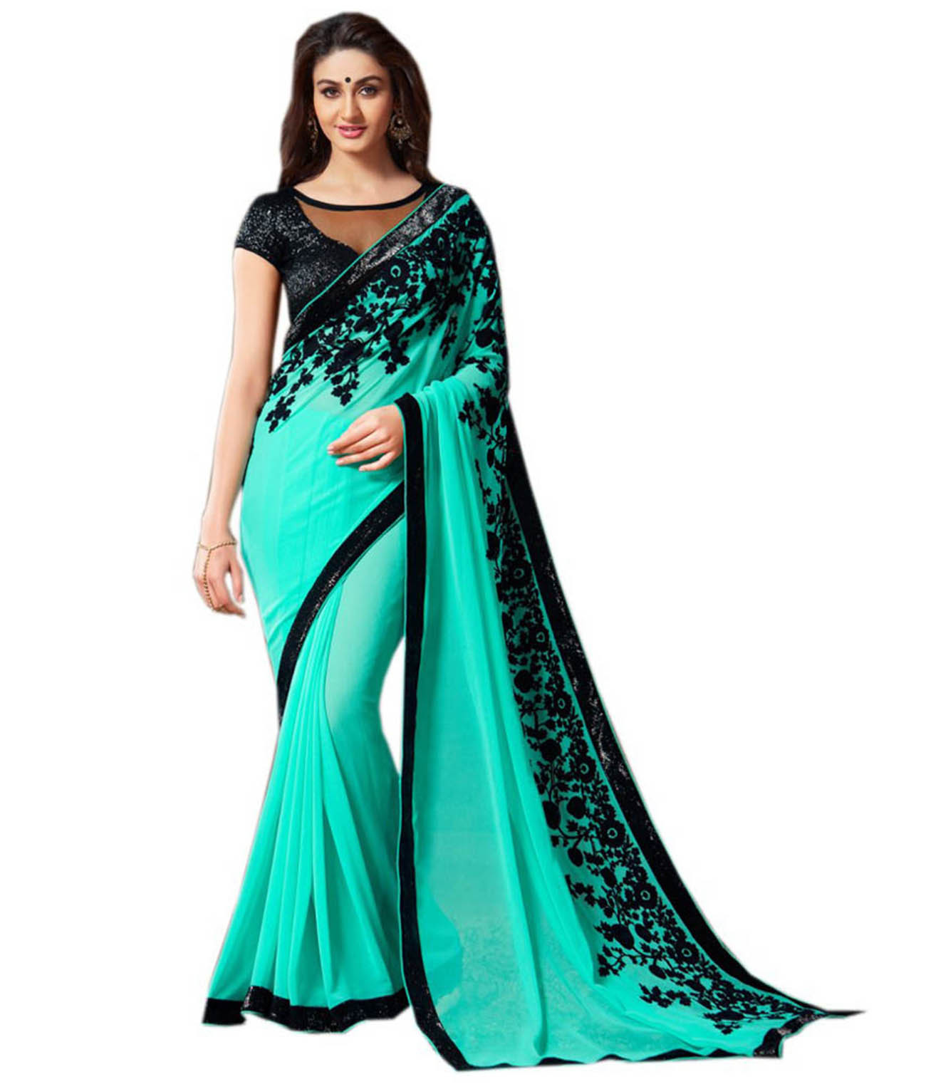 Pure Georgette Saree - Material: Georgette | Color: Cream, Cyan, Green, Pink, Peach, Blue, Red, Yellow | Style: Bollywood, Season: All Year Round