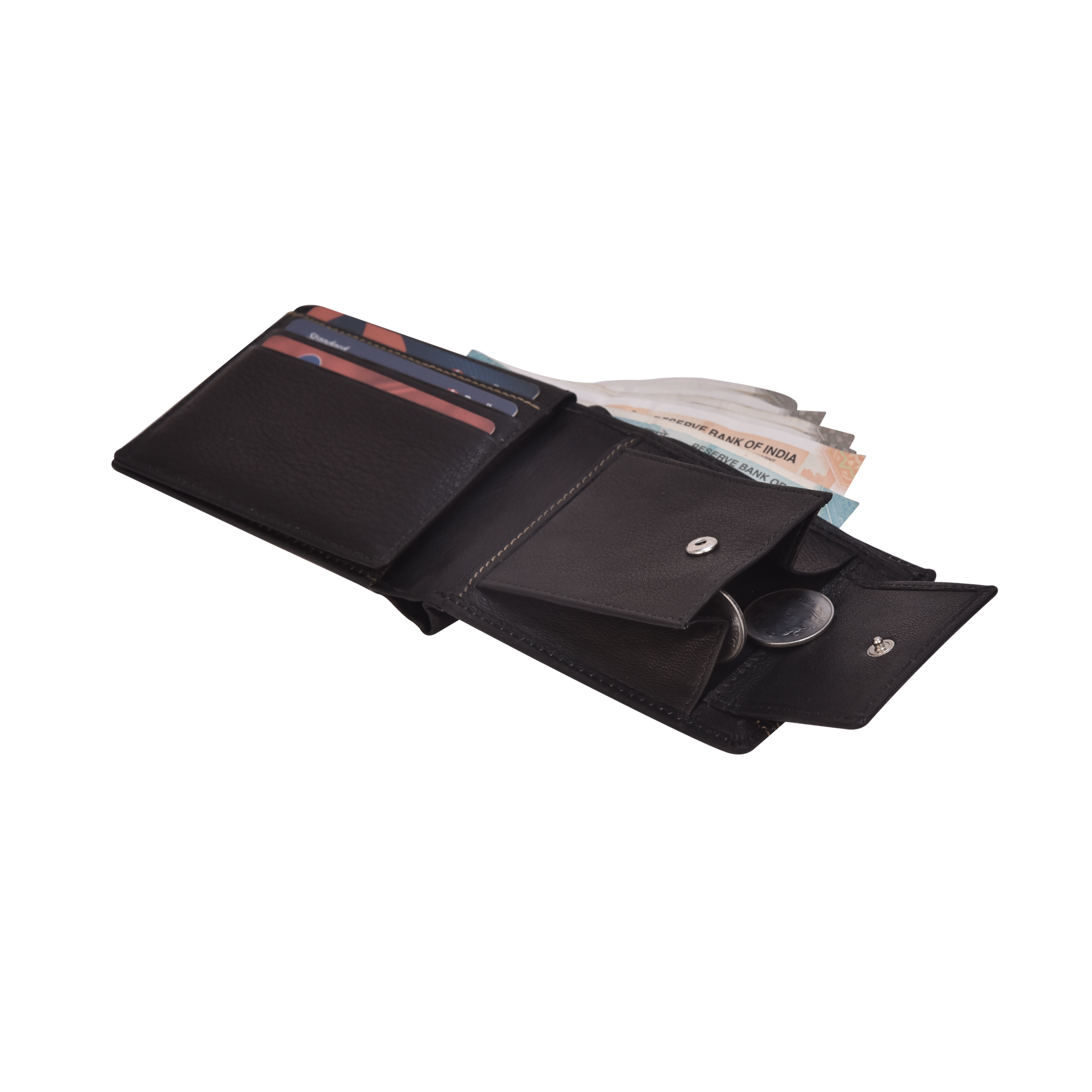 Mens Stitch Design Leather Wallet - Goat Leather, 11.5 X 9.5 X 2.76 Cm, Black | Rfid Blocking, 9 Card Slots, Coin Pocket, 2 Secret Pockets