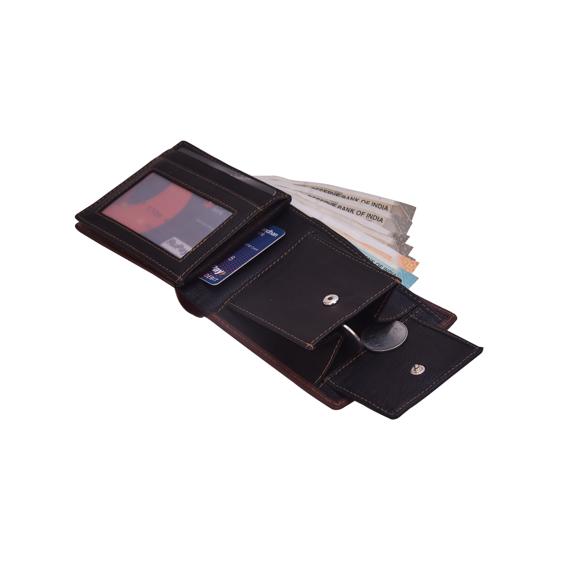 Men's Bi Fold Wallet - Genuine Goat Leather, 11.5 X 9.2 X 2 Cm, Black And Brown | Rfid Blocking, 4 Card Slots, Coin Pocket, Gift Boxed