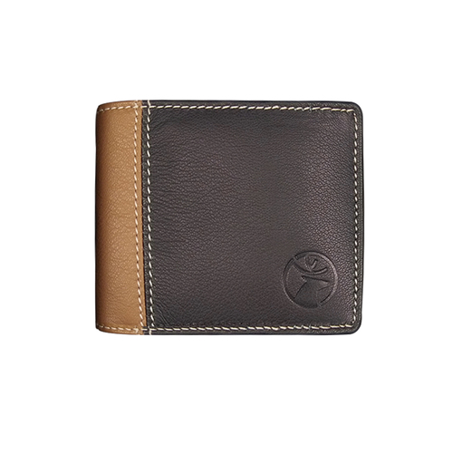 Mens Bi Fold Tri Colour Leather Wallet - Goat Leather, 11.2 x 9.1 x 2 cm, Blue/Tan/Brown | RFID Blocking, Multi-Compartment Design, Gift Boxed