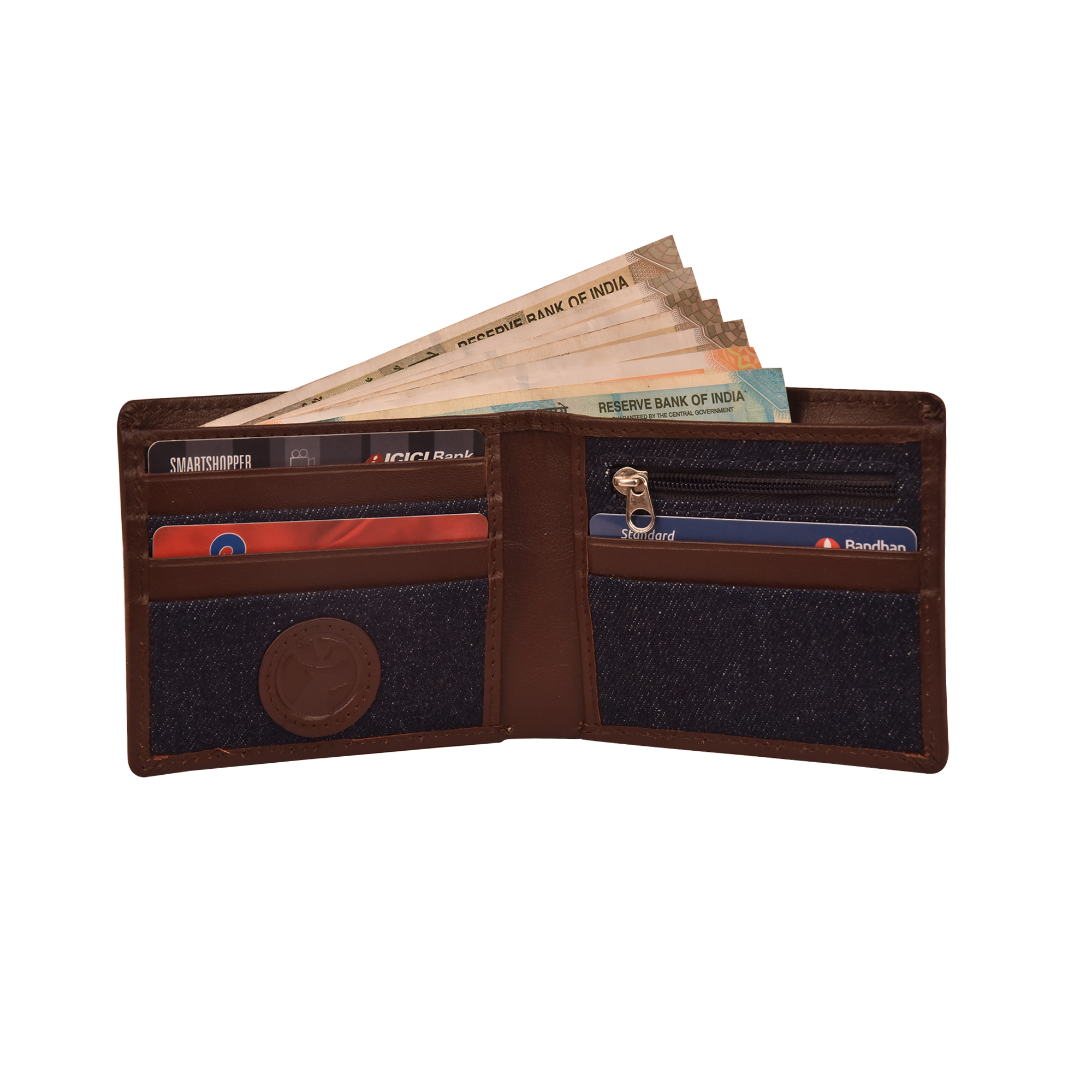 Mens Bi Fold Leather And Denim Wallet - Goat Leather & Canvas, 11 X 9.2 X 2.3 Cm, Dark Brown & Blue | Rfid Protection, Slim Fit, Gift Boxed