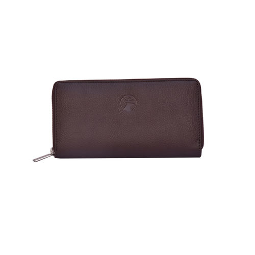 Ladies Round Zipper Dark Brown Leather Clutch/wallet