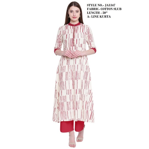 A-line Cotton Kurti - Cotton Material, M/L/XL/XXL Size, White Color, 3/4 Sleeve Style, Printed Pattern | Breathable, Quick Dry, Washable