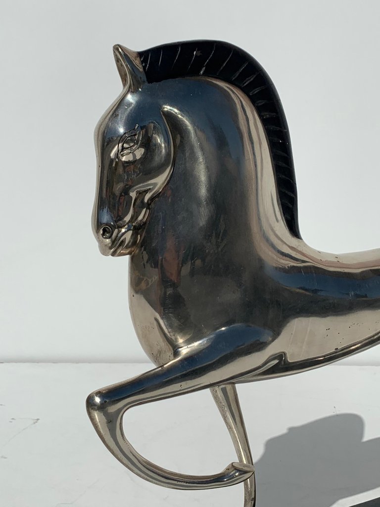 Metal Style Silvered Brass Etruscan Horse Sculpture