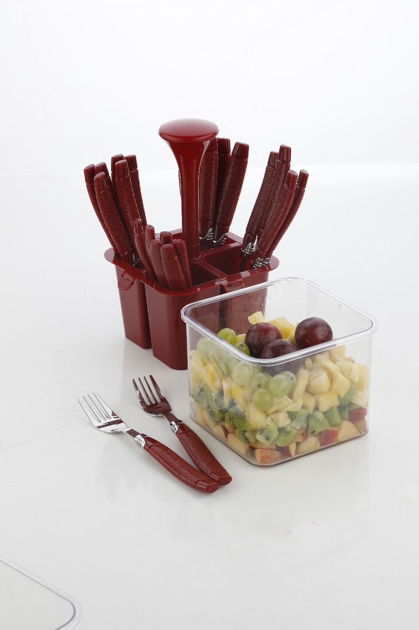Cutlery Set With Container - Plastic Material, 24 Pieces, Square Shape, Brown, Orange, Green | Easy To Use, Eco-friendly, Sleek Design With 4 Partitions For Organized Storage