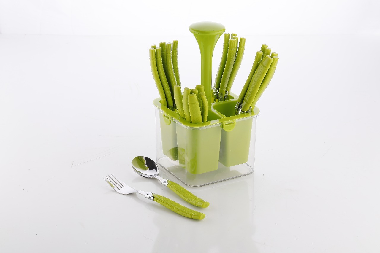 Cutlery Set With Container - Plastic Material, 24 Pieces, Square Shape, Brown, Orange, Green | Easy To Use, Eco-friendly, Sleek Design With 4 Partitions For Organized Storage