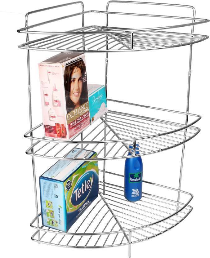 Stainless Steel Kitchen Corner Rack - Strong And Durable Silver Design | Eco-friendly, Rust Proof, Space-saving Utility For Toiletries And Utensils