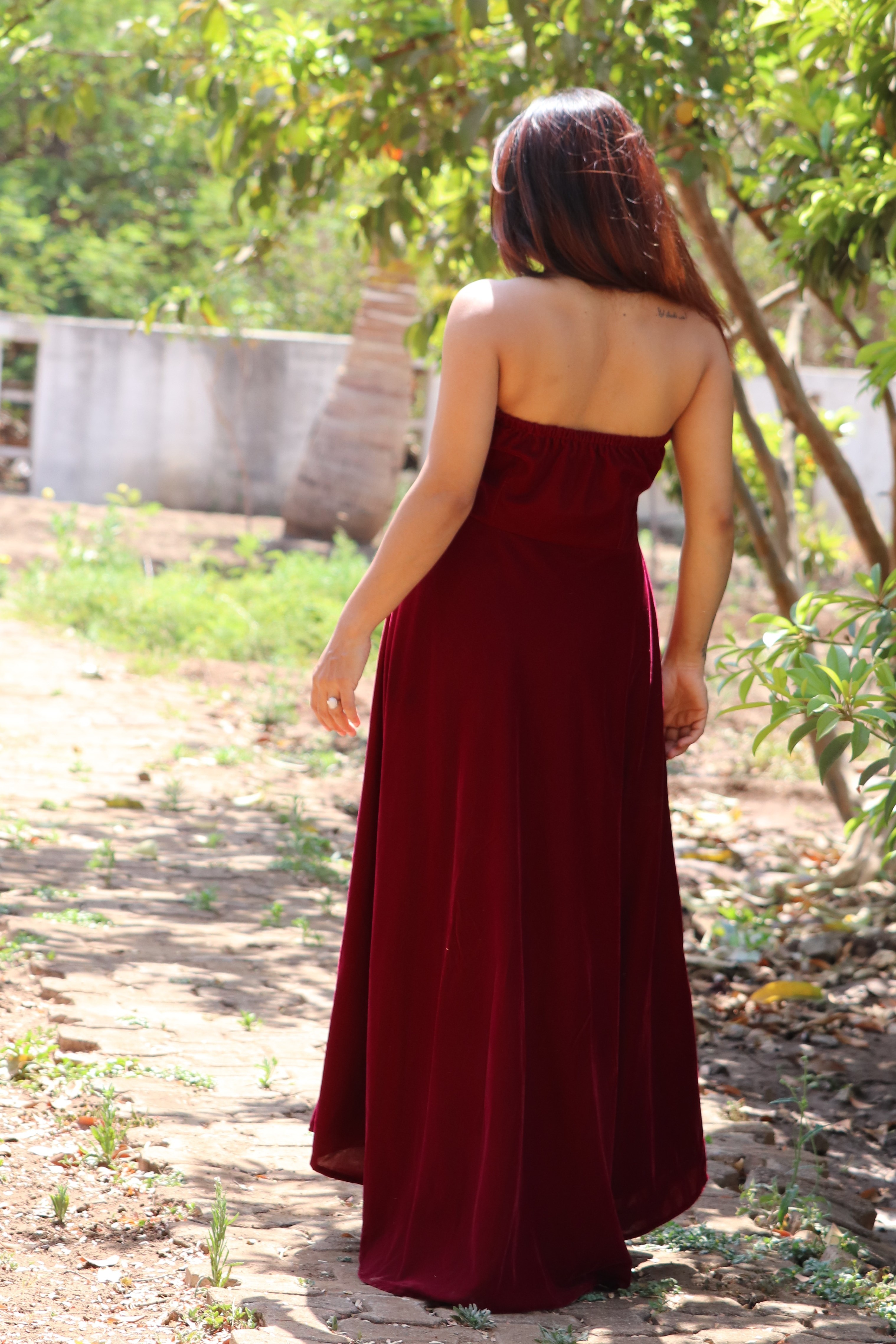 Anarkali - Cotton, Size M, Maroon Velvet Off Shoulder Umbrella Cut Dress | Casual, Quick Dry, Embroidered, Sleeveless, Summer