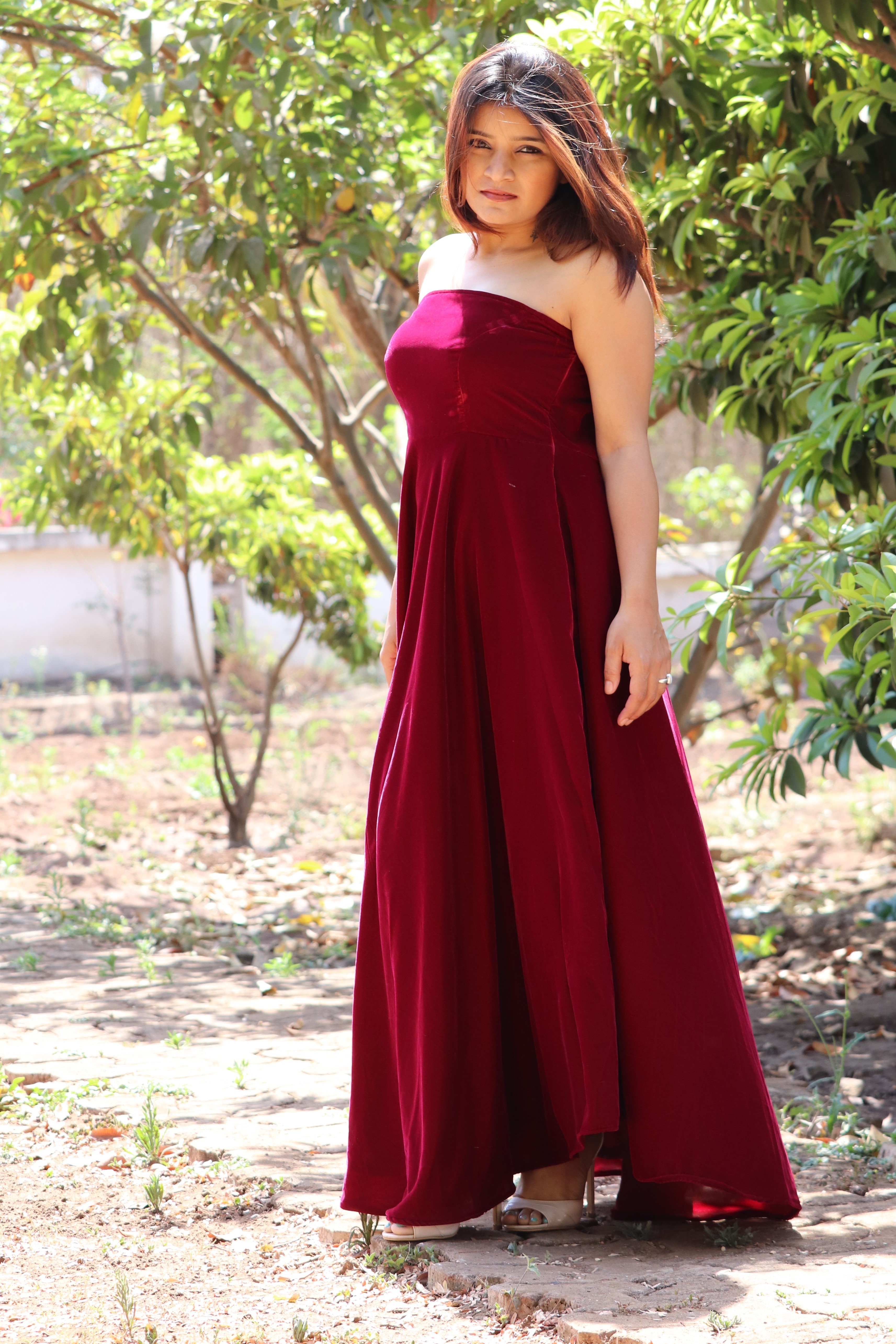 Anarkali - Cotton, Size M, Maroon Velvet Off Shoulder Umbrella Cut Dress | Casual, Quick Dry, Embroidered, Sleeveless, Summer