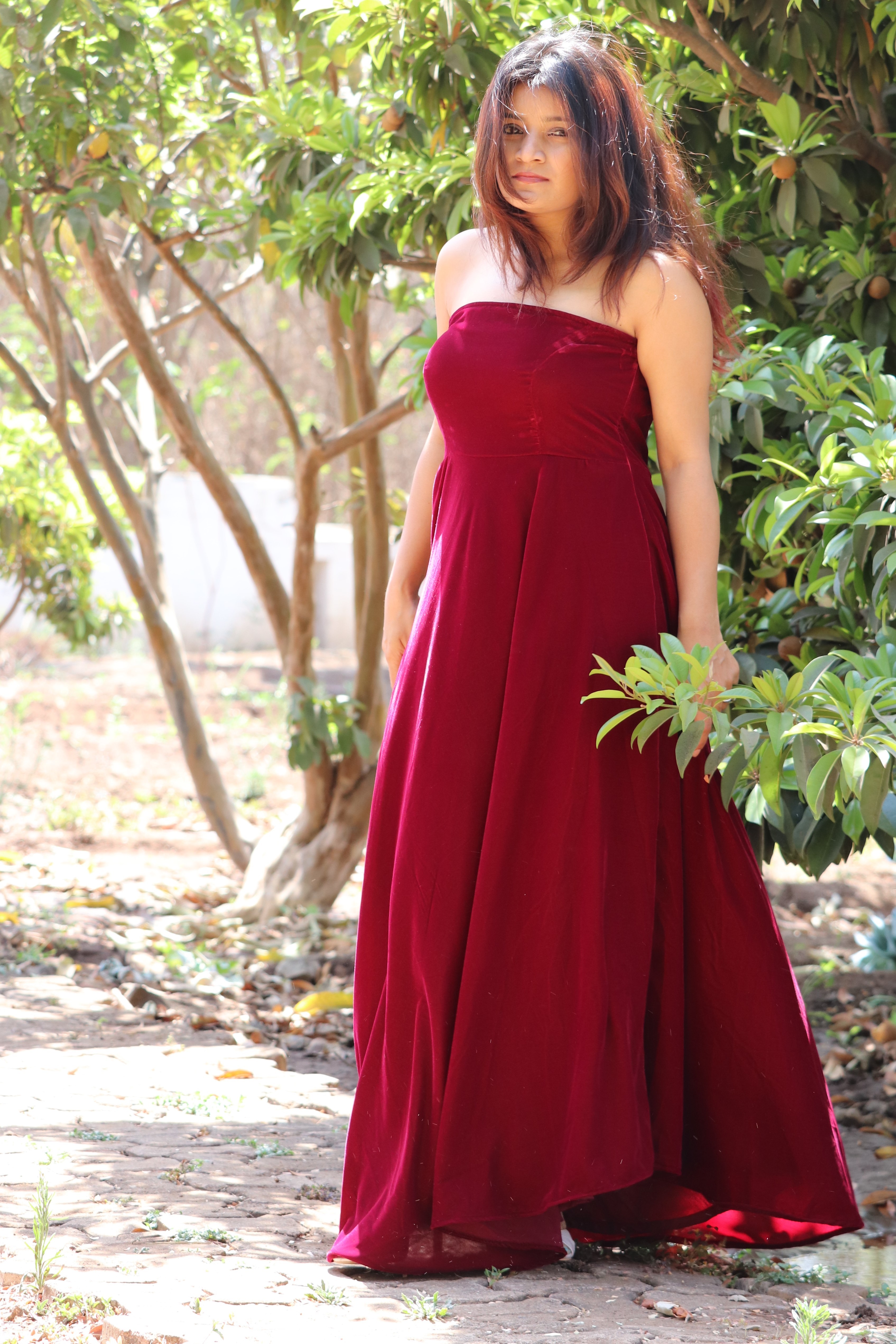 Anarkali - Cotton, Size M, Maroon Velvet Off Shoulder Umbrella Cut Dress | Casual, Quick Dry, Embroidered, Sleeveless, Summer