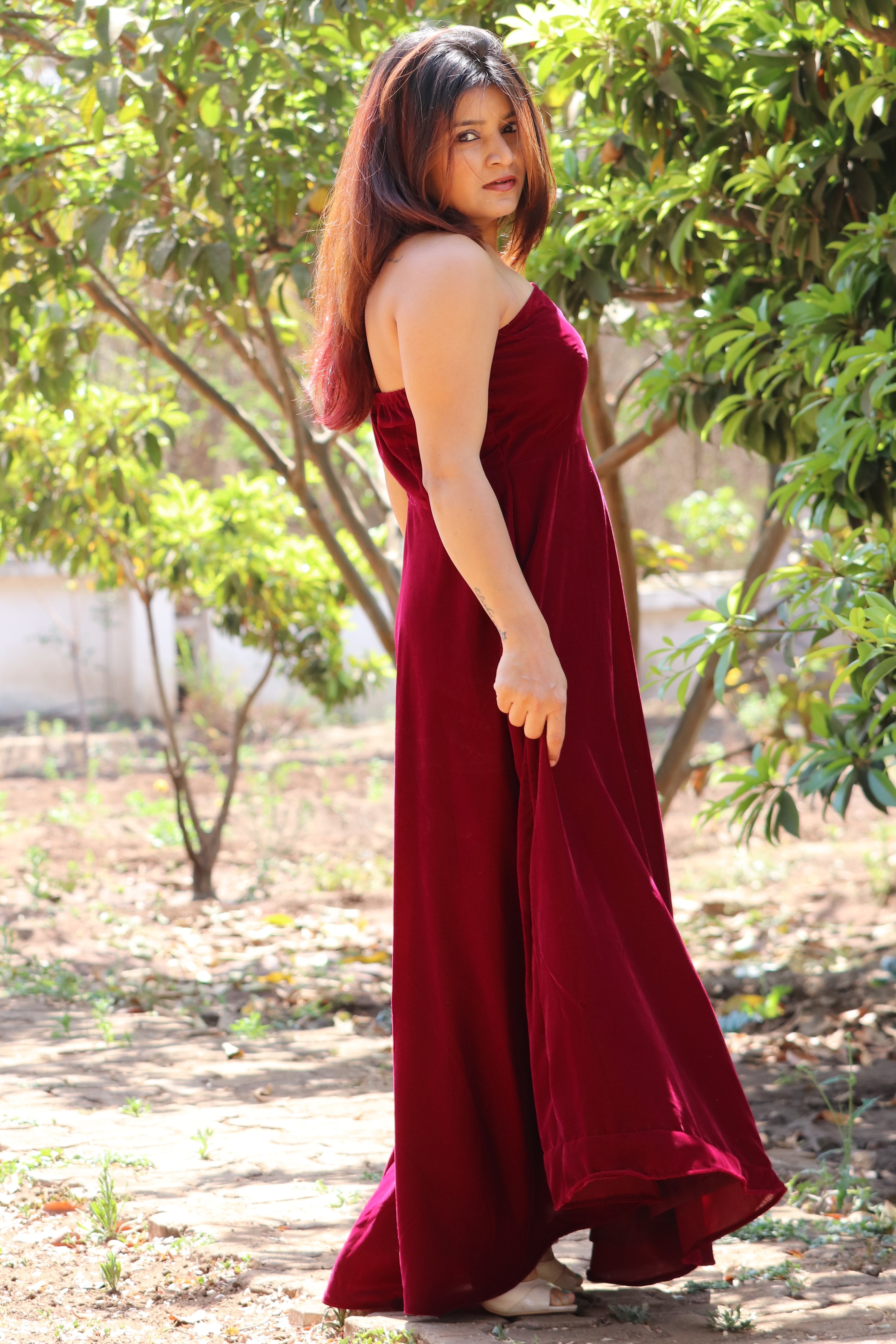 Anarkali - Cotton, Size M, Maroon Velvet Off Shoulder Umbrella Cut Dress | Casual, Quick Dry, Embroidered, Sleeveless, Summer