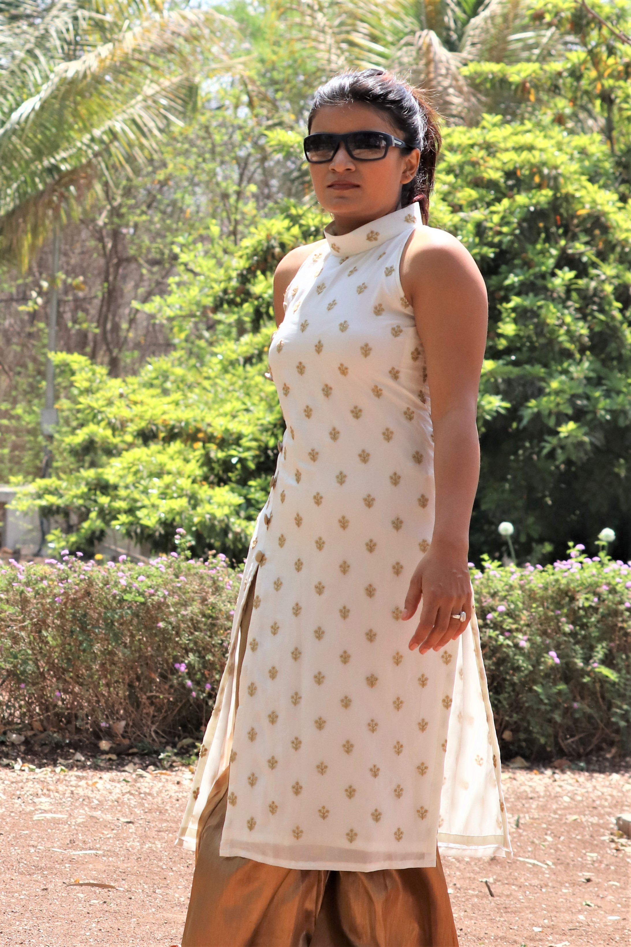 Off White Chiffon Halter Neck Sleeveless Kurti - Embroidered Golden Thread Work Quick Dry Material Front Slit Design Casual Style For All Seasons