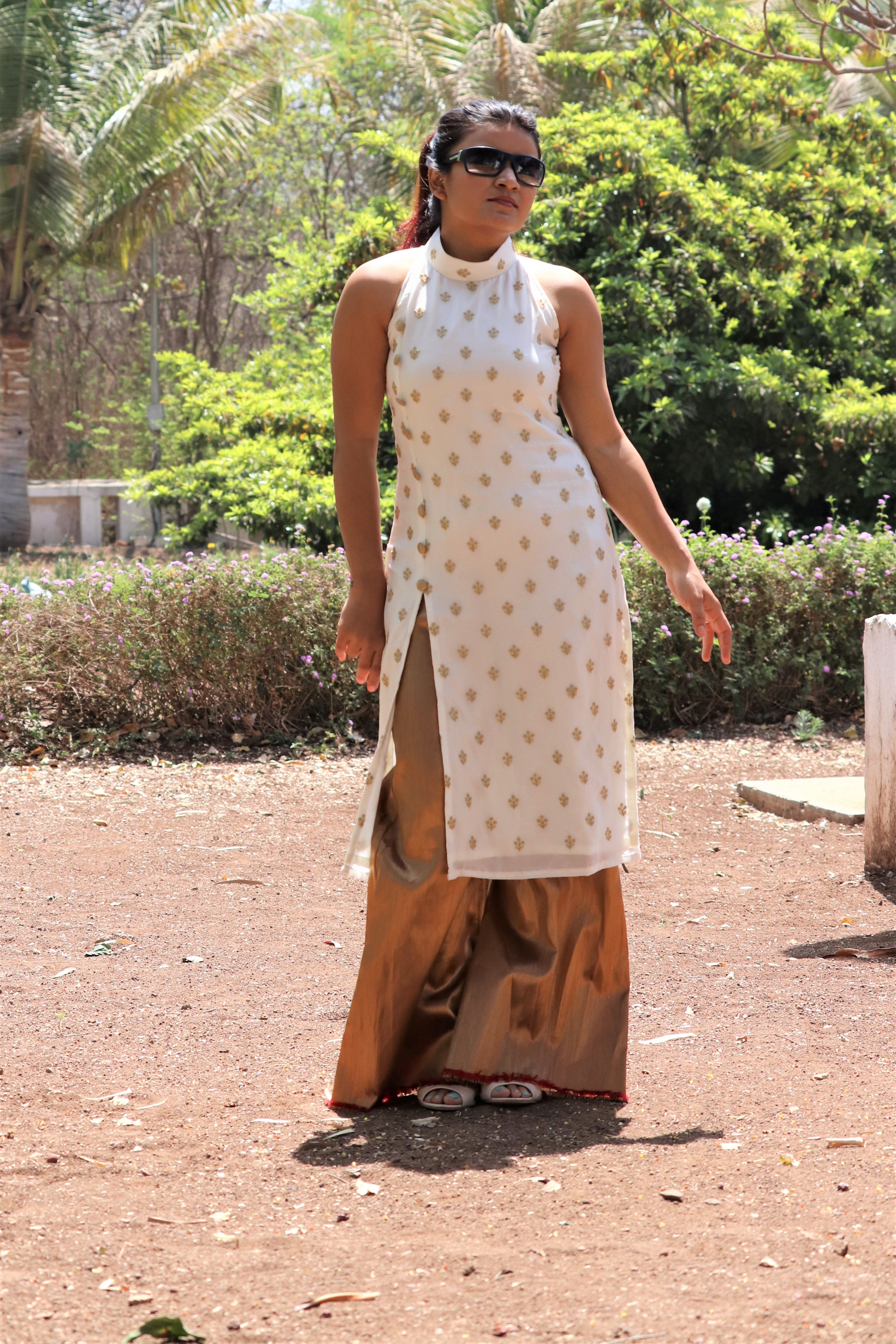 Off White Chiffon Halter Neck Sleeveless Kurti - Embroidered Golden Thread Work Quick Dry Material Front Slit Design Casual Style For All Seasons