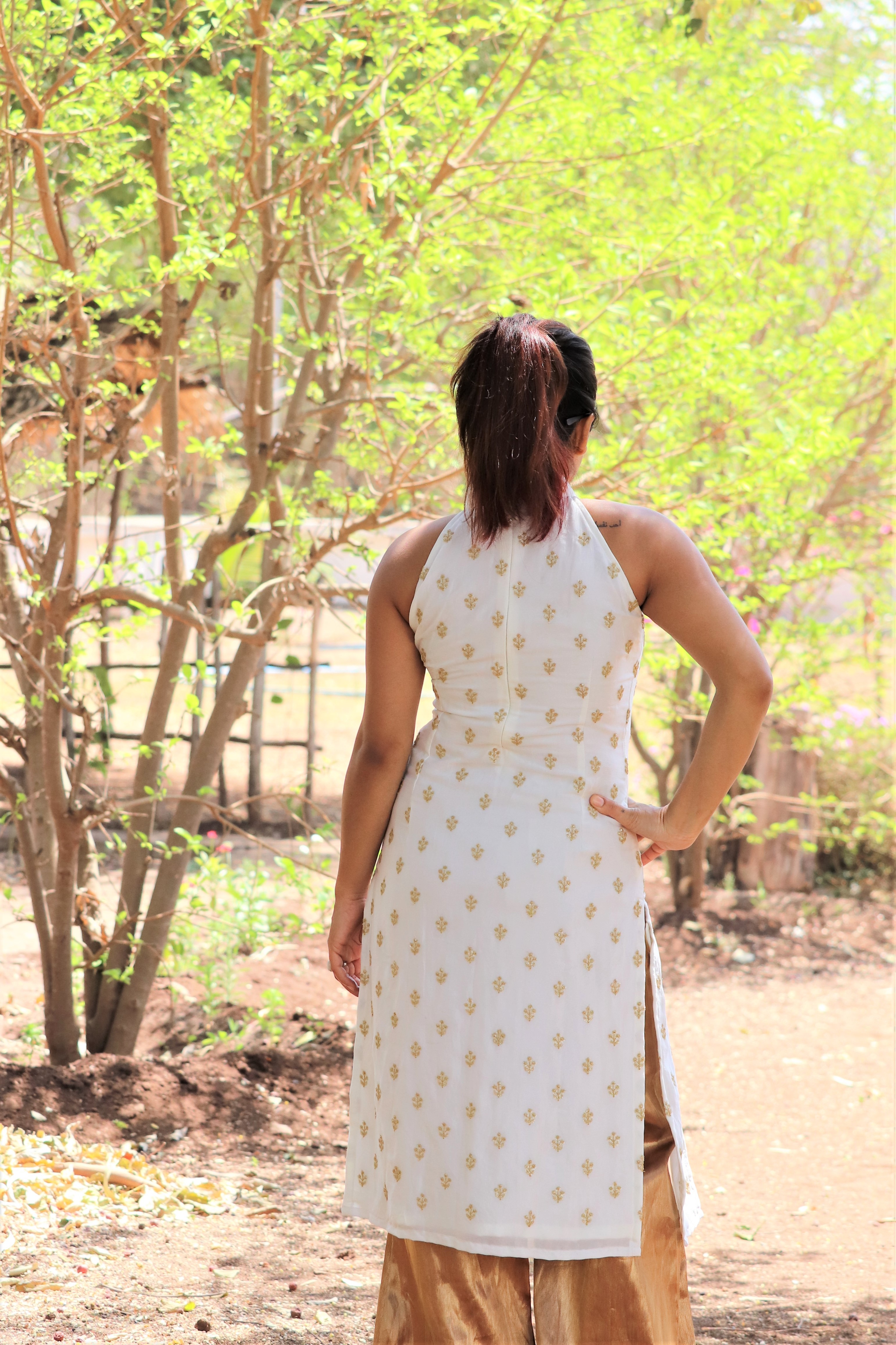 Off White Chiffon Halter Neck Sleeveless Kurti - Embroidered Golden Thread Work Quick Dry Material Front Slit Design Casual Style For All Seasons
