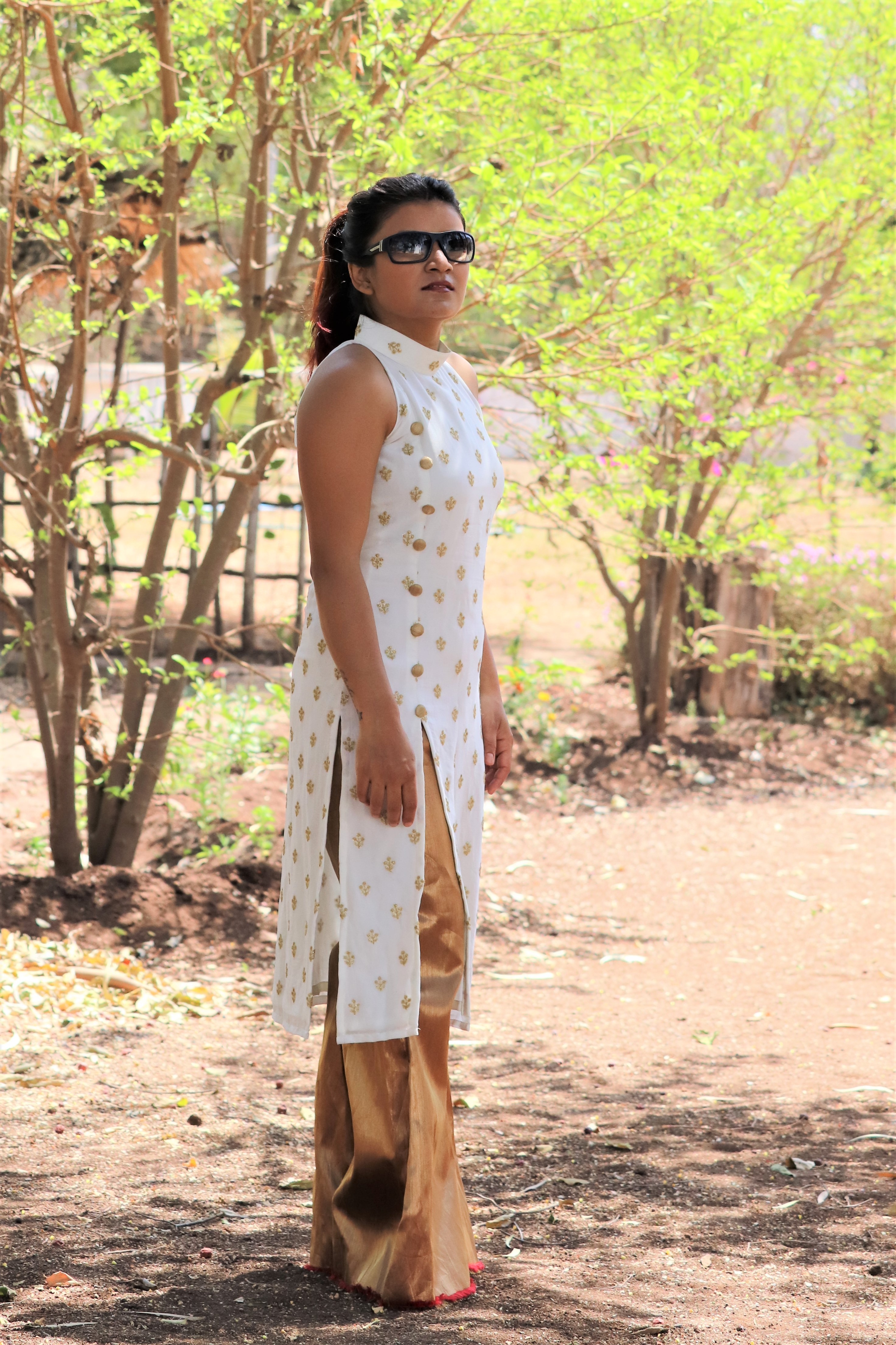 Off White Chiffon Halter Neck Sleeveless Kurti - Embroidered Golden Thread Work Quick Dry Material Front Slit Design Casual Style For All Seasons