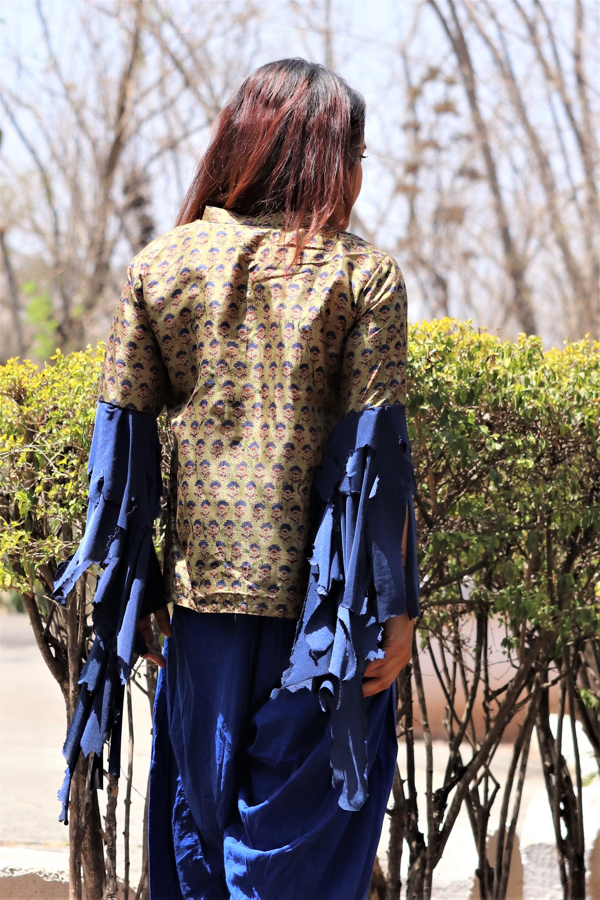 Olive Green Silk Printed Short Kurti - V-neckline, High Slits, Ruffled Bell Sleeves | Perfect For Summer Wear, Casual Style, Quick Dry Feature