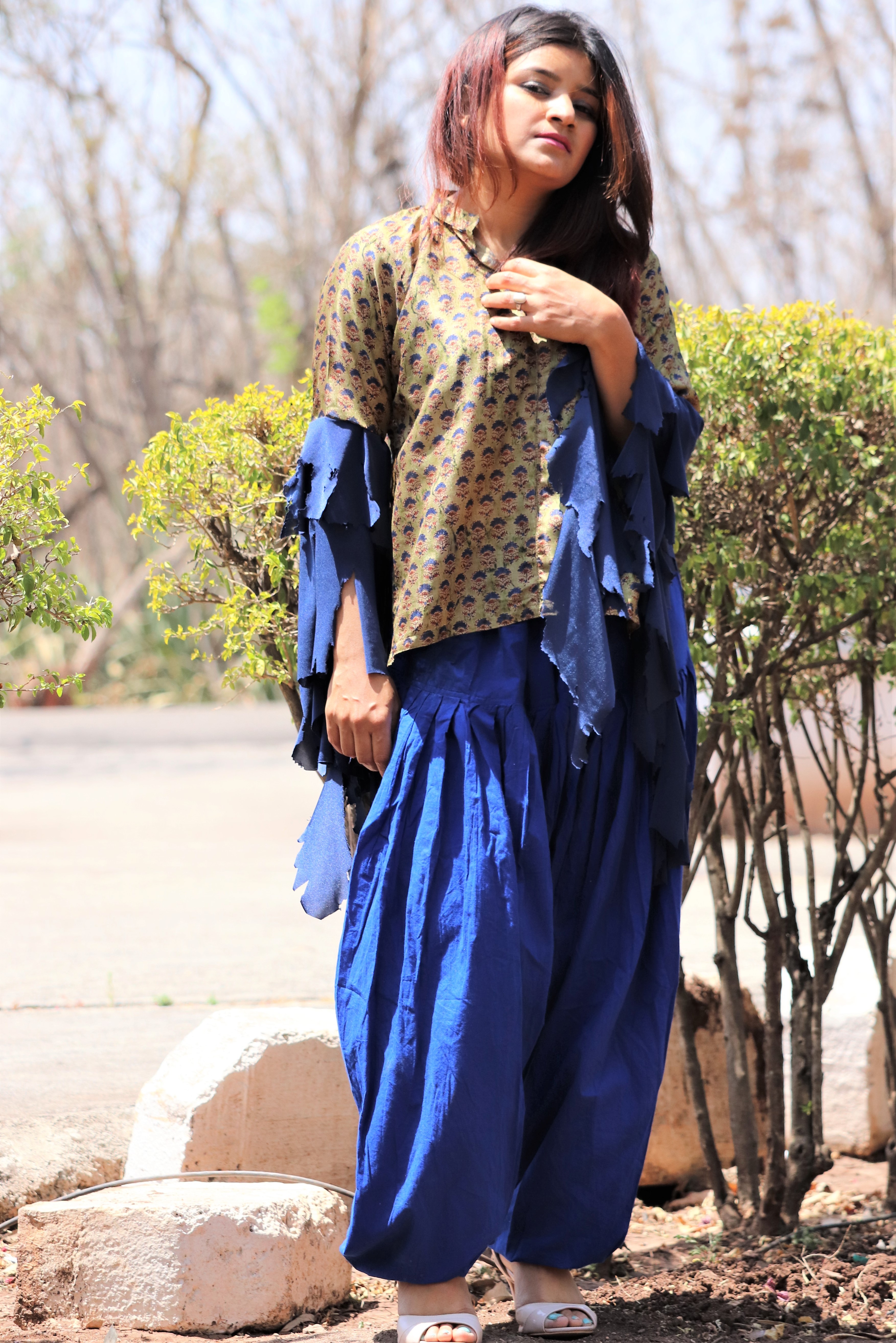 Olive Green Silk Printed Short Kurti - V-neckline, High Slits, Ruffled Bell Sleeves | Perfect For Summer Wear, Casual Style, Quick Dry Feature