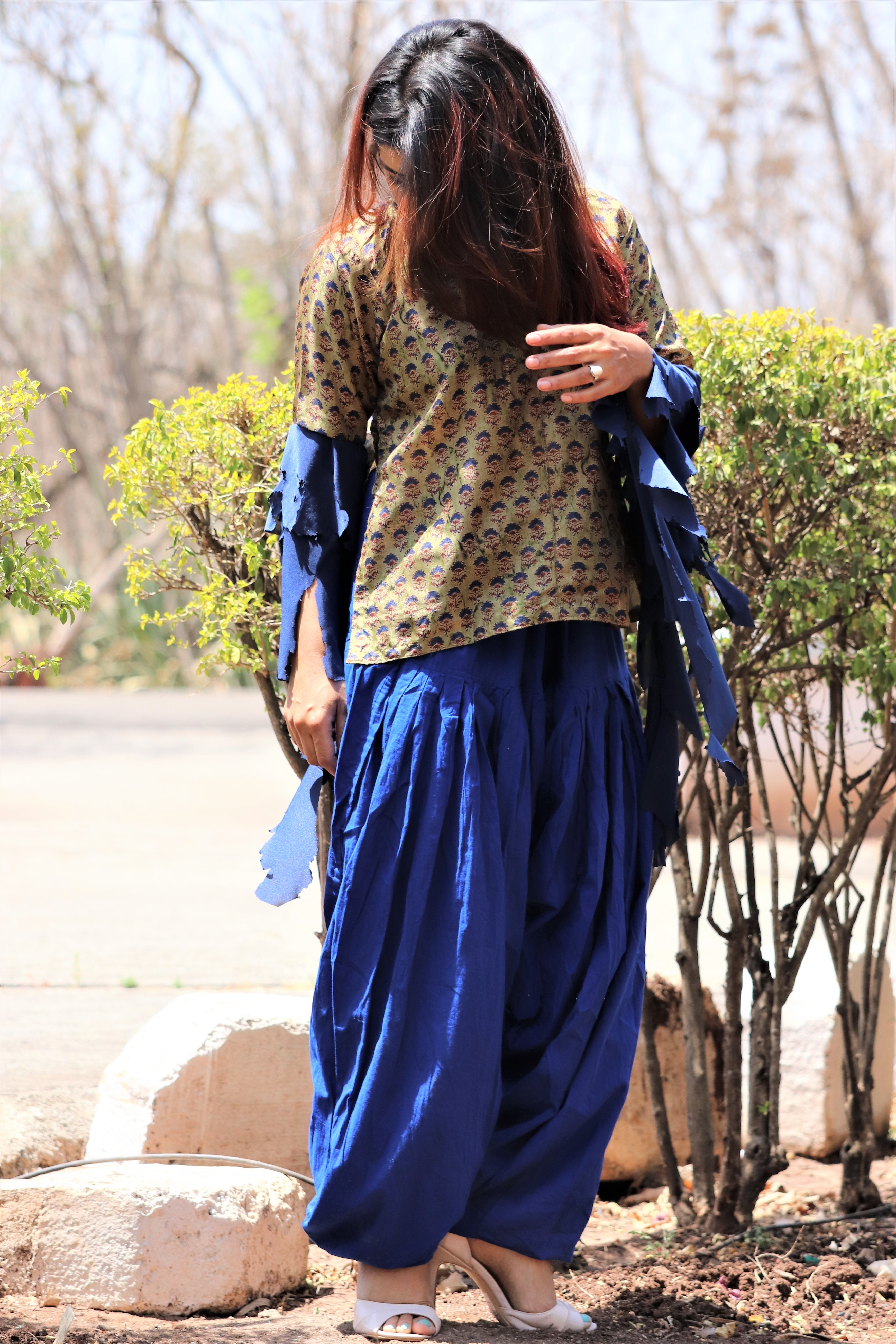 Olive Green Silk Printed Short Kurti - V-neckline, High Slits, Ruffled Bell Sleeves | Perfect For Summer Wear, Casual Style, Quick Dry Feature