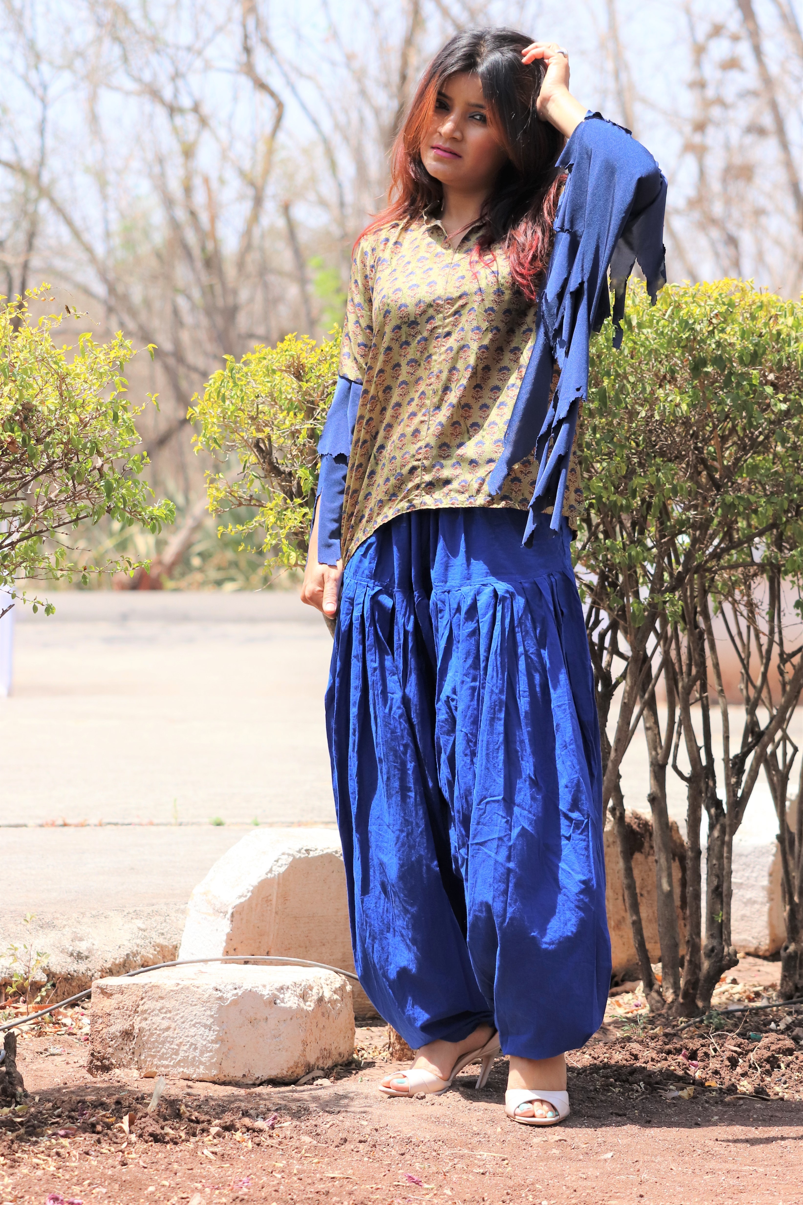 Olive Green Silk Printed Short Kurti - V-neckline, High Slits, Ruffled Bell Sleeves | Perfect For Summer Wear, Casual Style, Quick Dry Feature