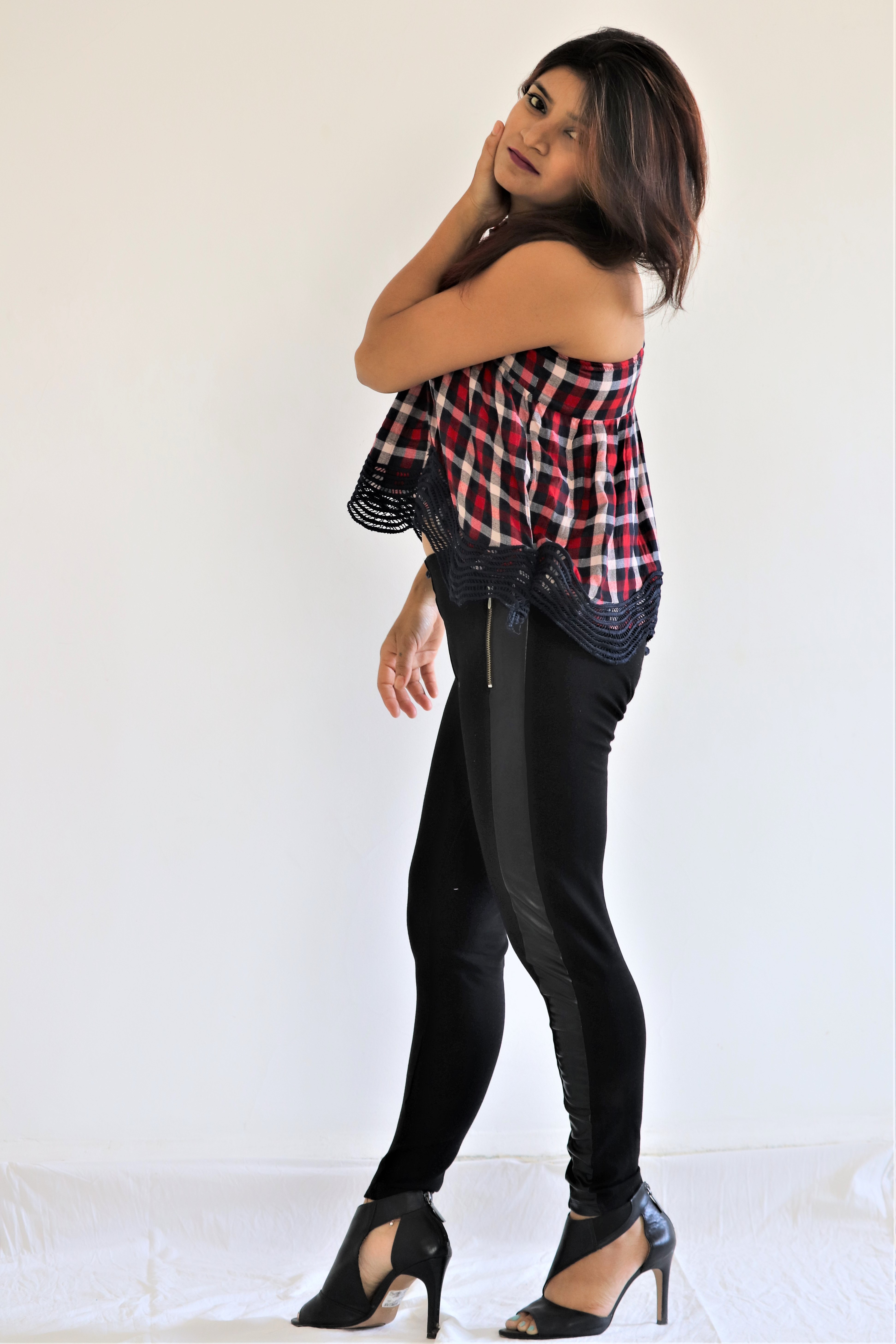 Halter Neck Checked Pattern Crop Top - Denim Fabric, Summer Wear, Red And Black, Sizes S/m/l, Stylish Party Attire