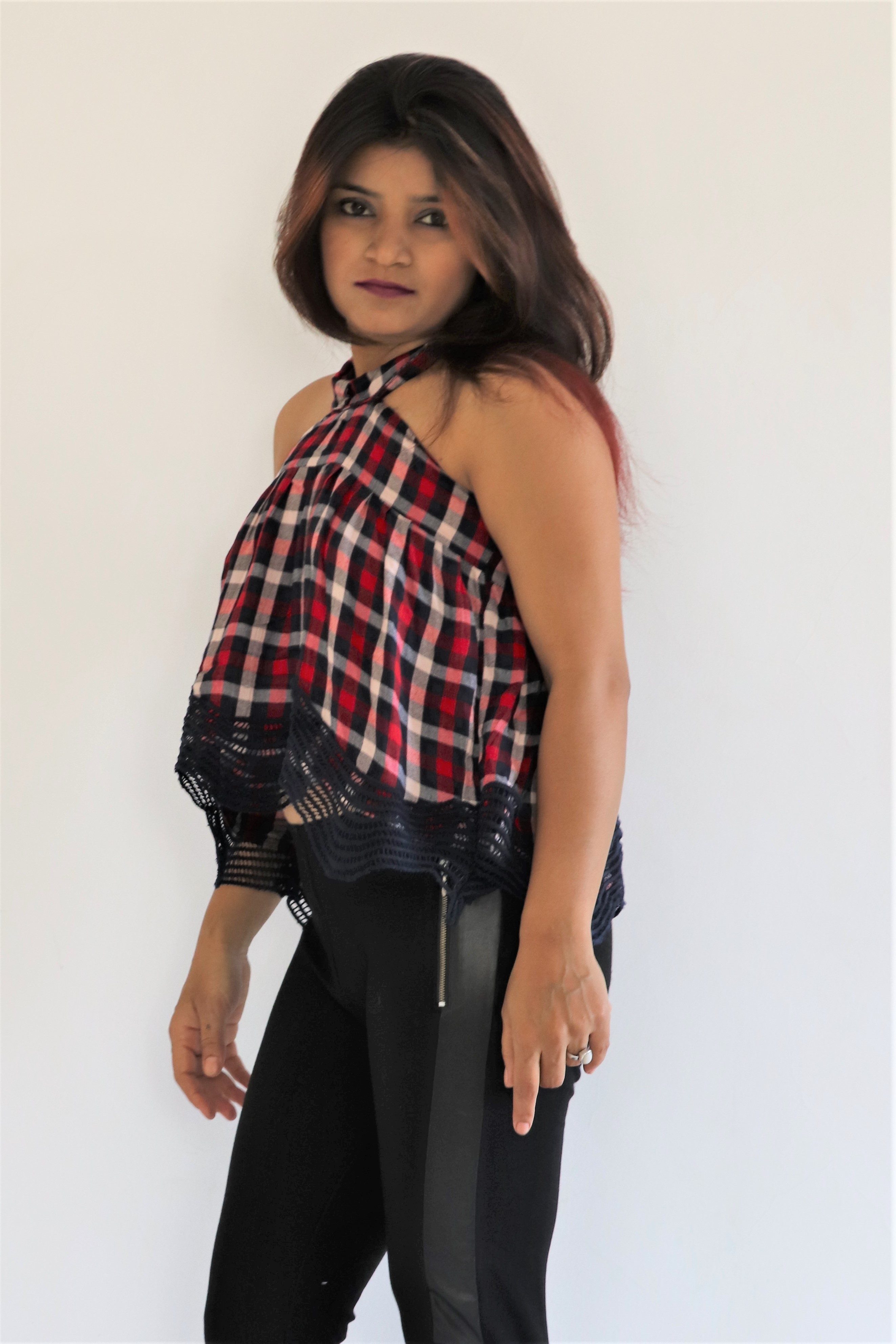 Halter Neck Checked Pattern Crop Top - Denim Fabric, Summer Wear, Red And Black, Sizes S/m/l, Stylish Party Attire