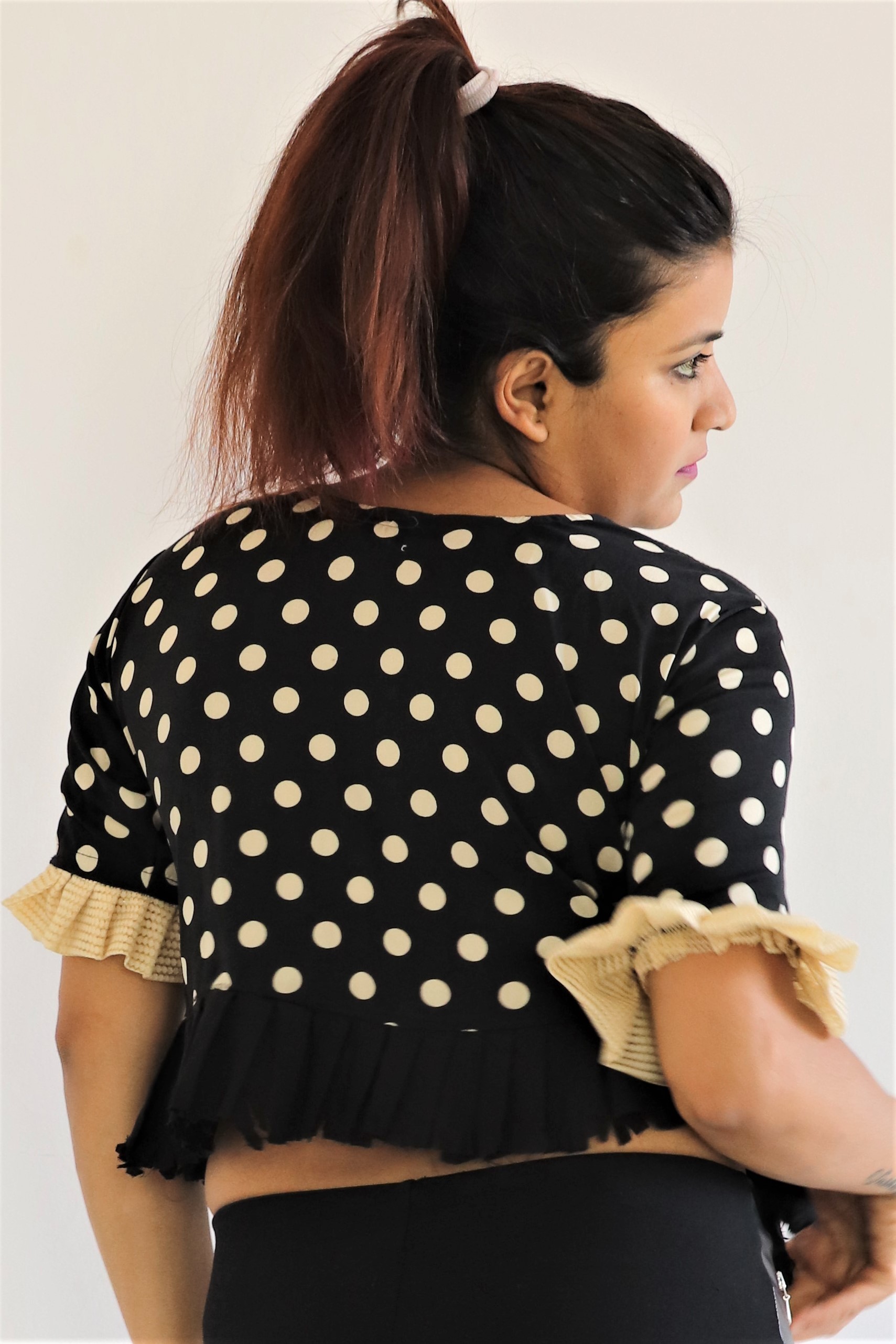 Chiffon Crop Top - S/m/l Sizes, Black Polka Dot Pattern , Ruffled Sleeves For Summer Party Wear