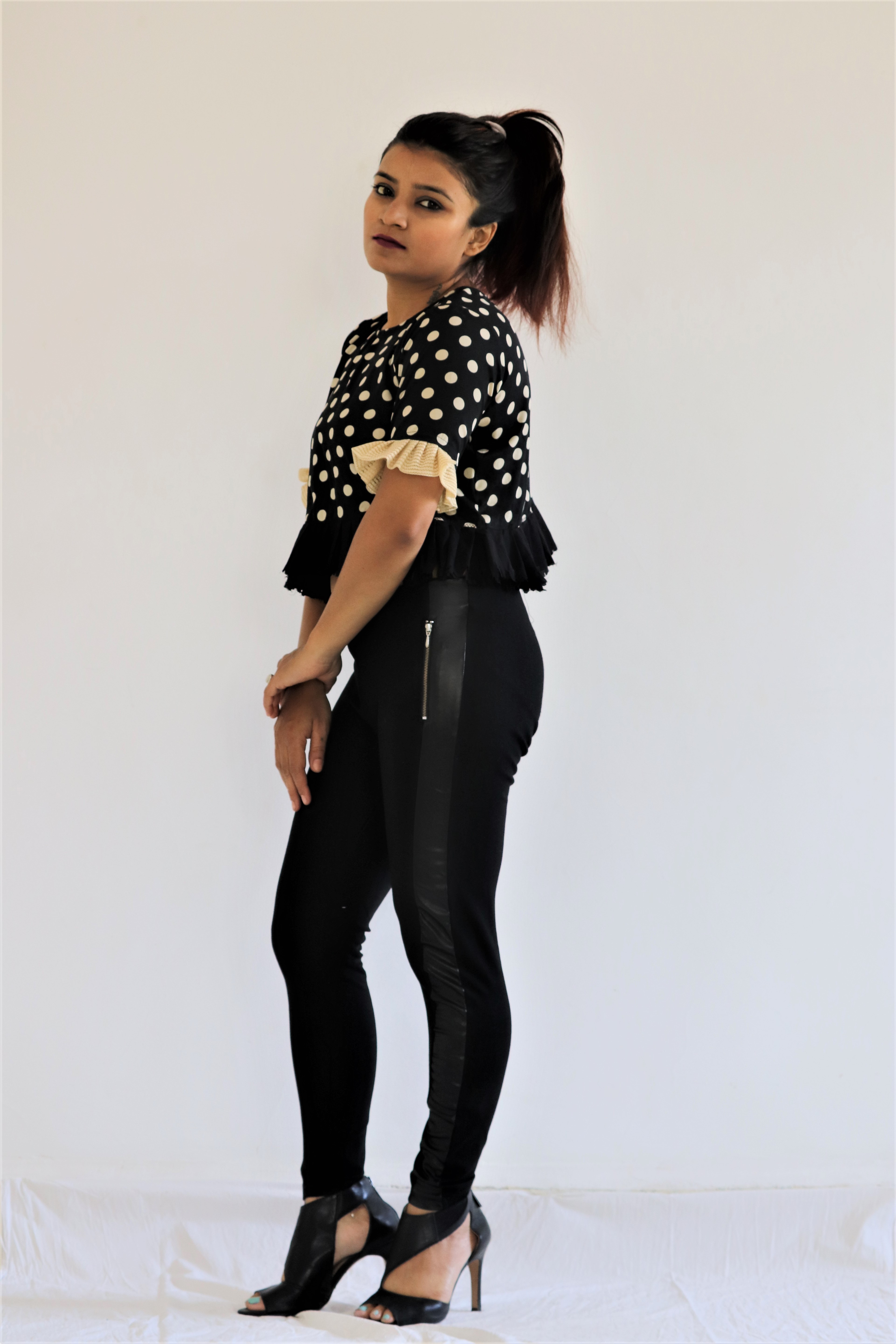 Chiffon Crop Top - S/m/l Sizes, Black Polka Dot Pattern , Ruffled Sleeves For Summer Party Wear