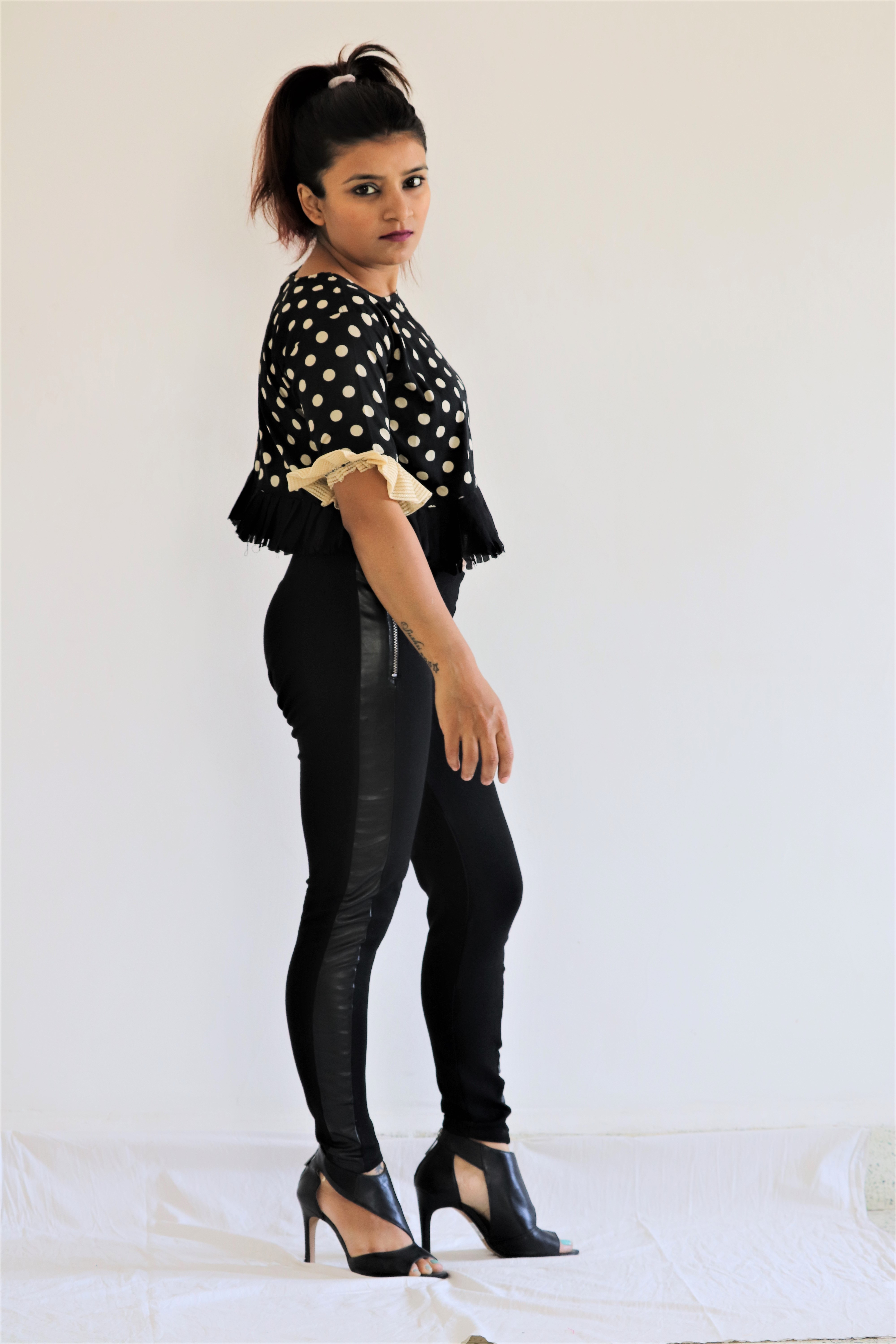 Chiffon Crop Top - S/m/l Sizes, Black Polka Dot Pattern , Ruffled Sleeves For Summer Party Wear
