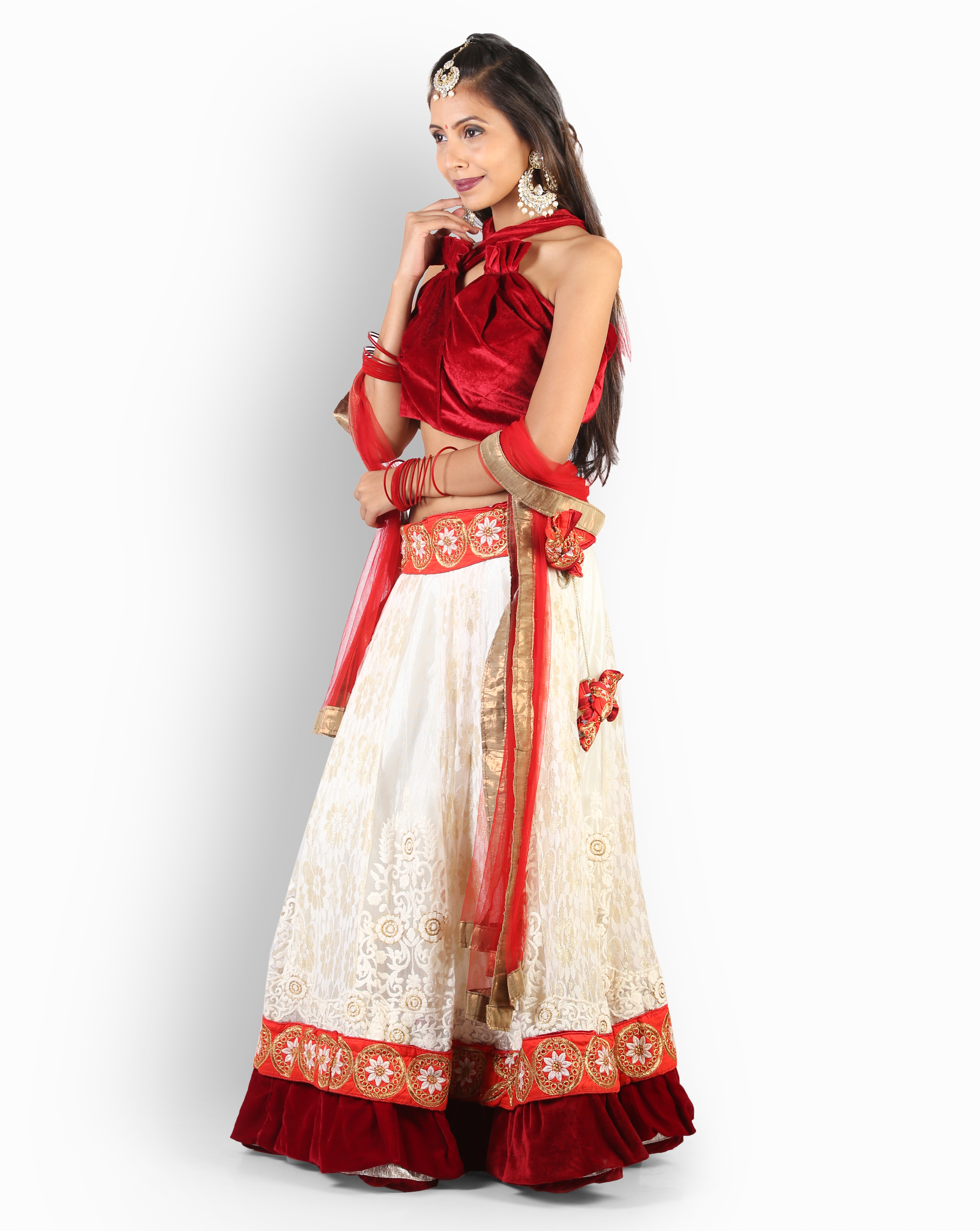 Lehenga Choli - Velvet And Net Fabric, Floor Length, Red And White Embroidery | Perfect For Weddings, Elegant Design