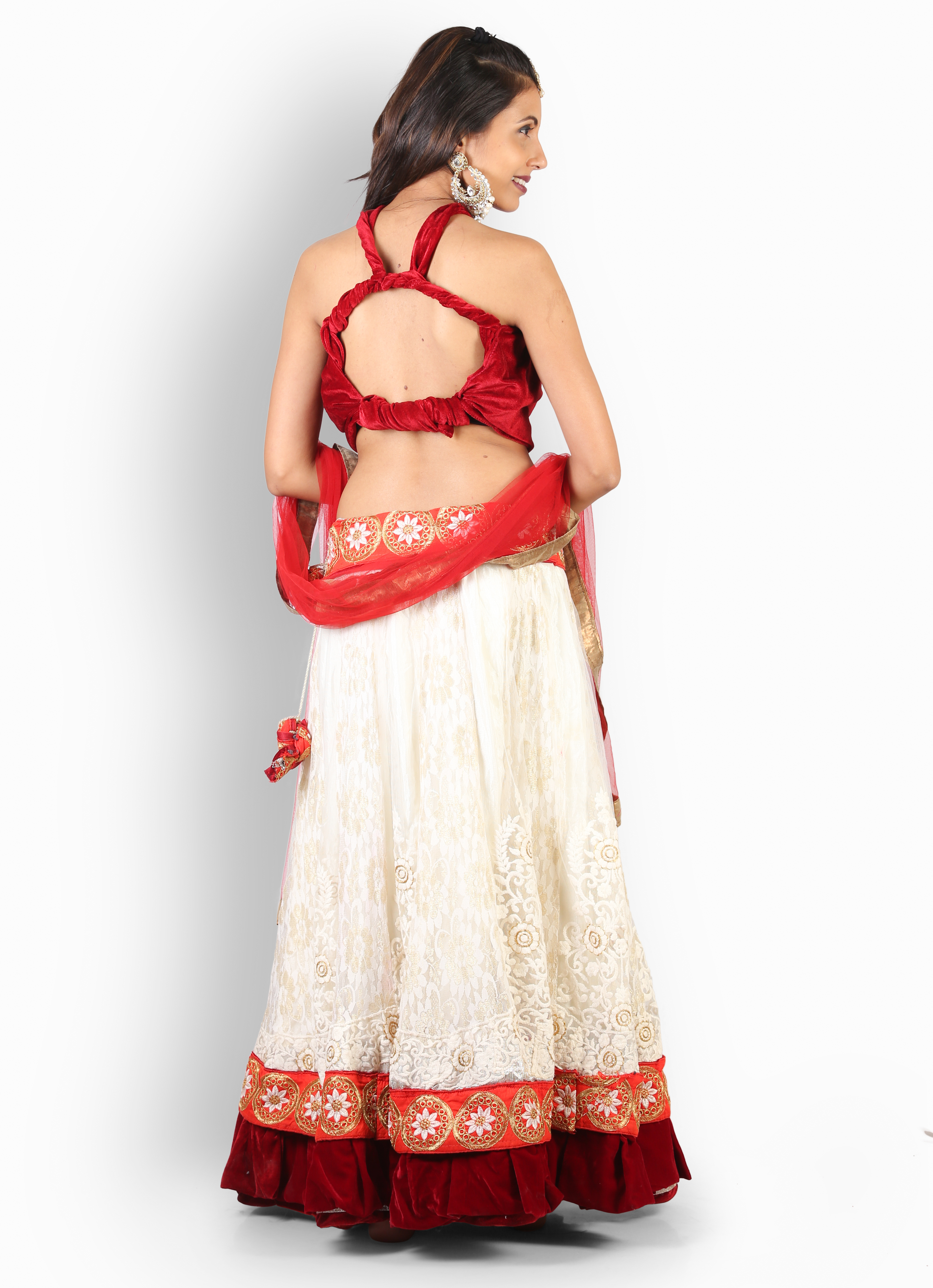 Lehenga Choli - Velvet And Net Fabric, Floor Length, Red And White Embroidery | Perfect For Weddings, Elegant Design
