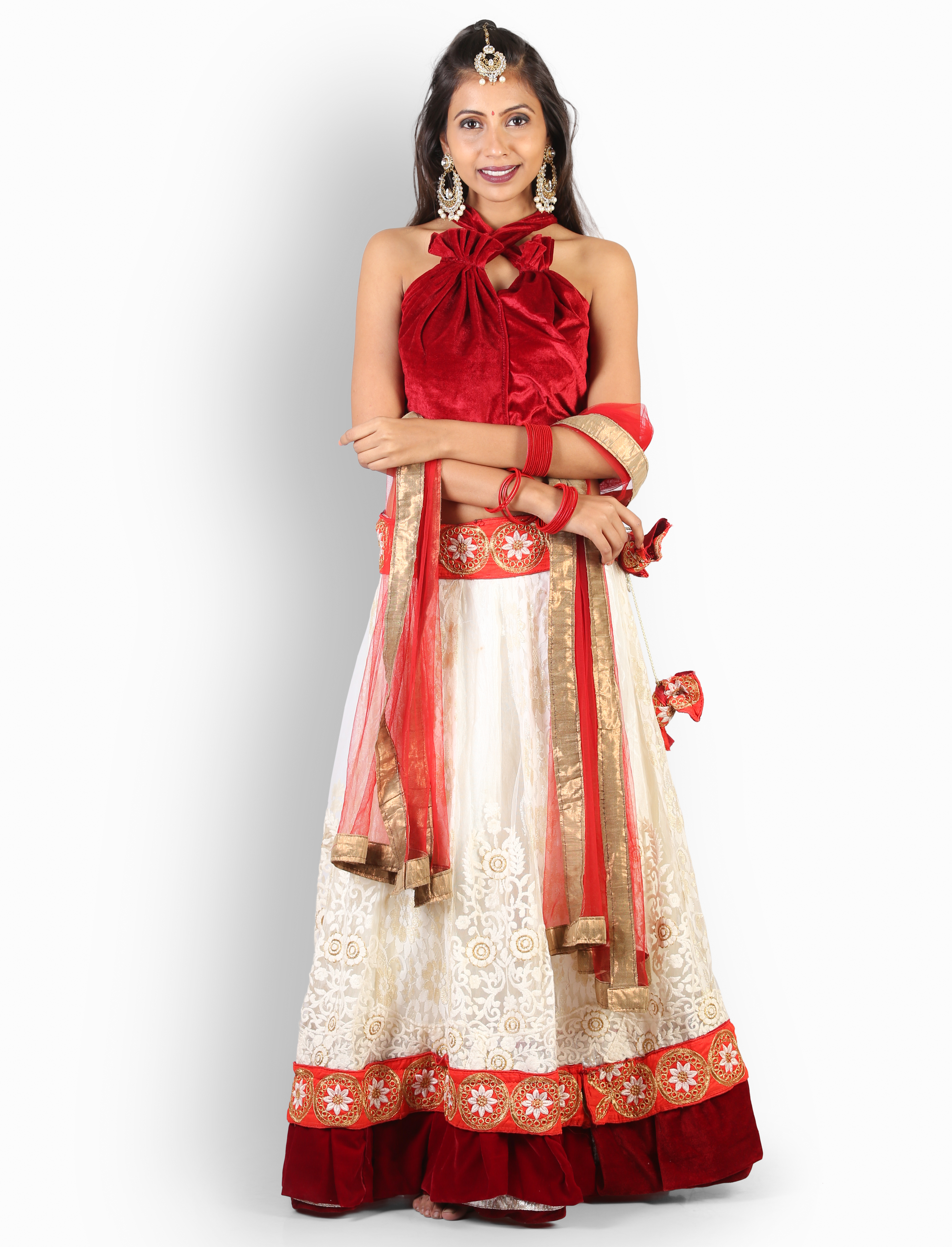 Lehenga Choli - Velvet And Net Fabric, Floor Length, Red And White Embroidery | Perfect For Weddings, Elegant Design