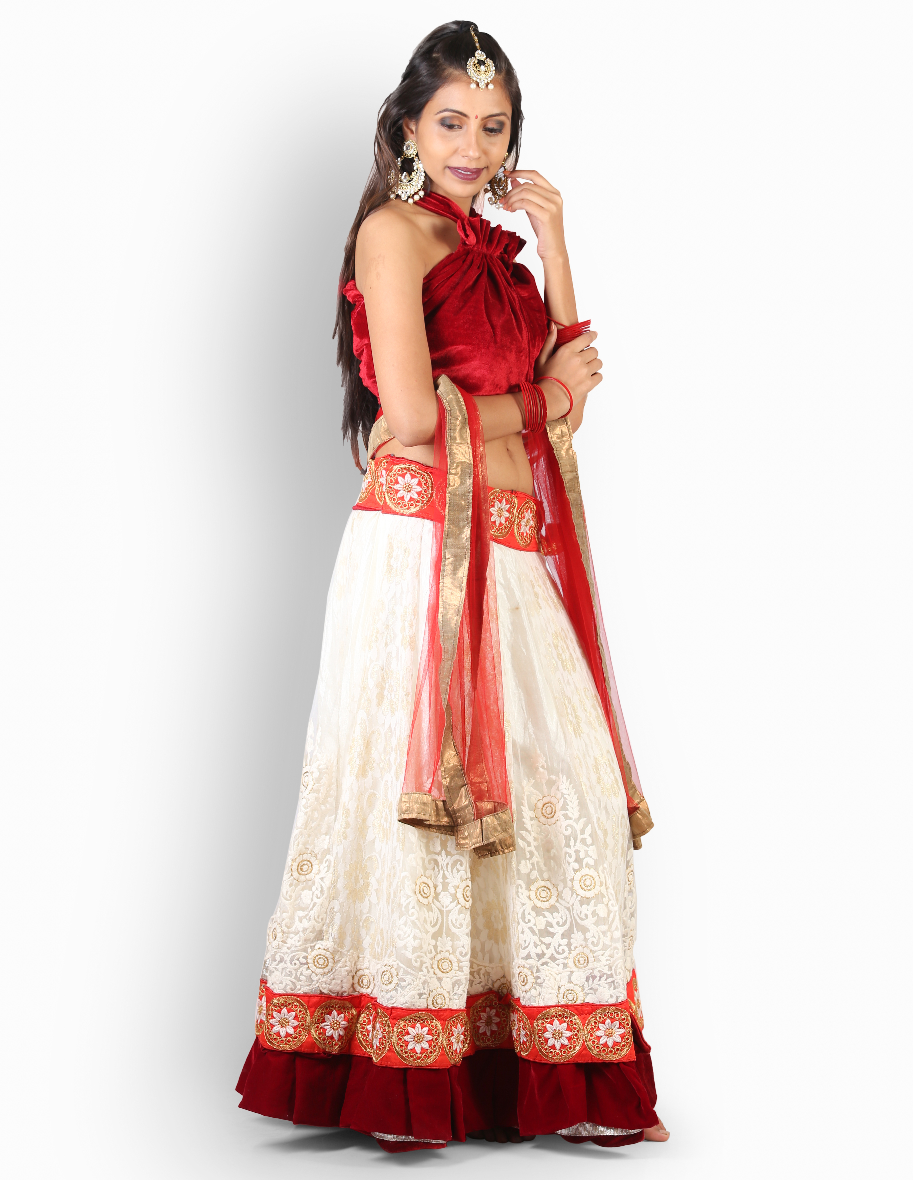 Lehenga Choli - Velvet And Net Fabric, Floor Length, Red And White Embroidery | Perfect For Weddings, Elegant Design