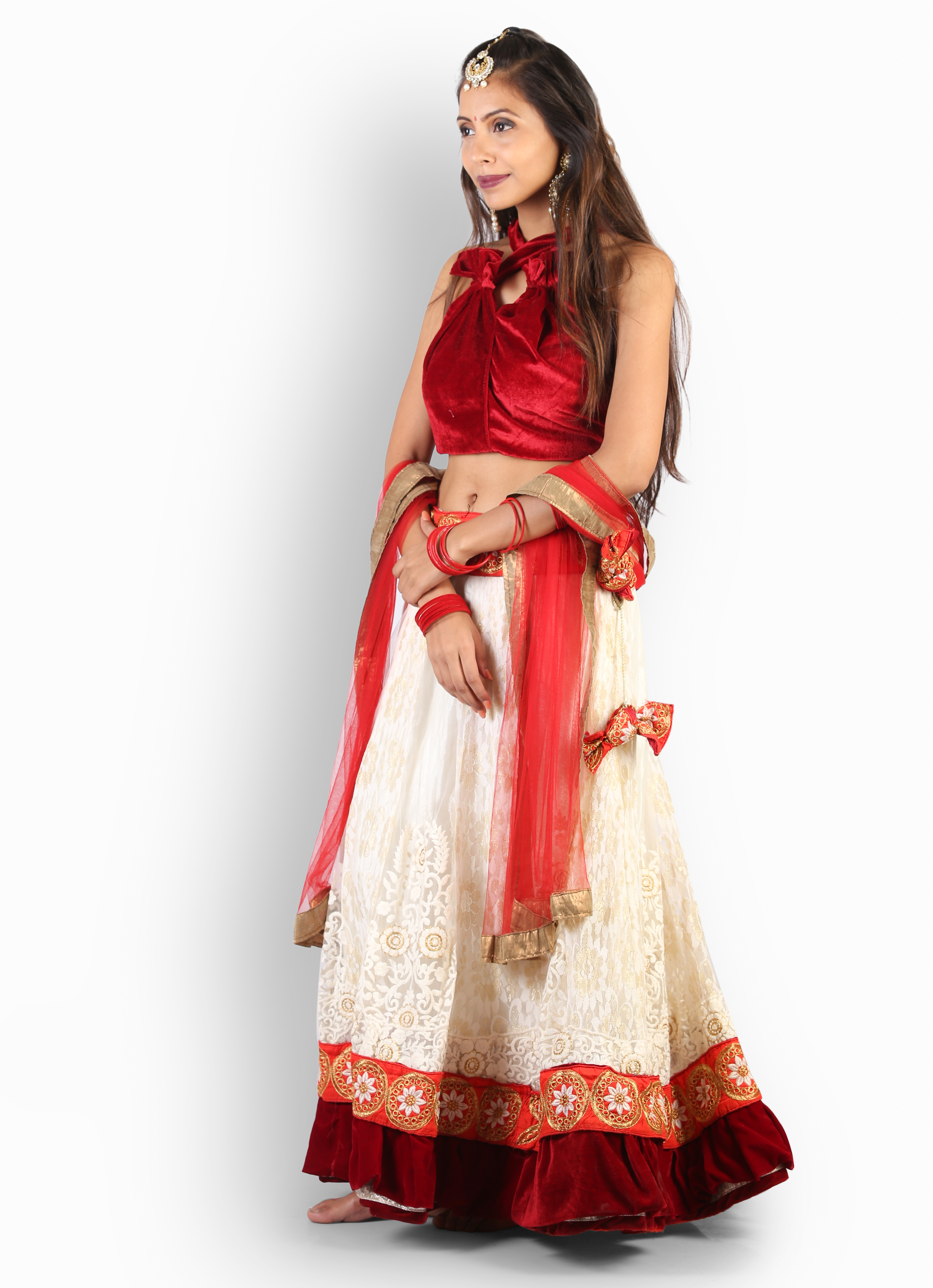 Lehenga Choli - Velvet And Net Fabric, Floor Length, Red And White Embroidery | Perfect For Weddings, Elegant Design