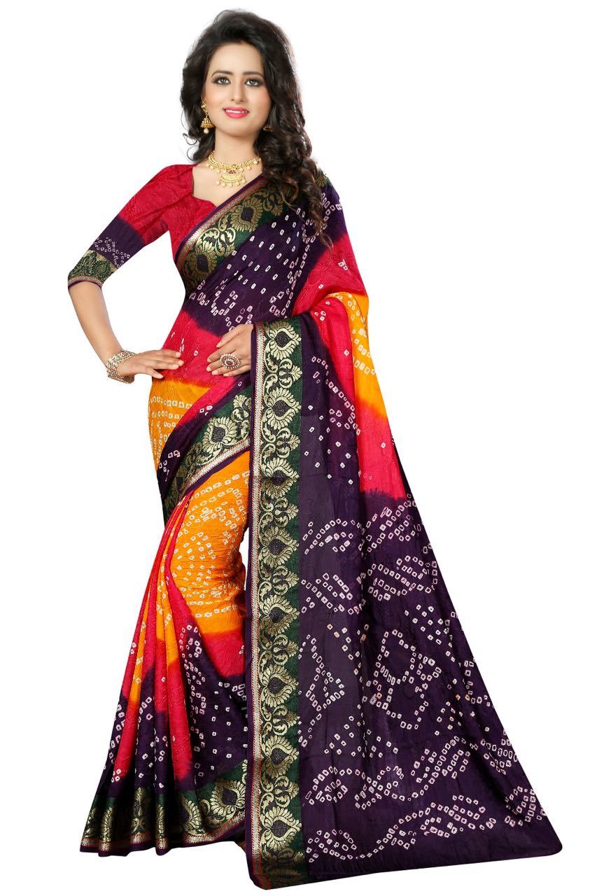 Bandhani Silk Sarees - Bhagalpuri Silk, 5.5 Mtr Length, 0.8 Mtr Blouse | Multi Colors, Printed Pattern, Stylish Bandhani Design