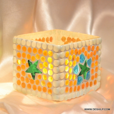Antique Imitation Glass T-light Candle Holder With Mosaic Finish