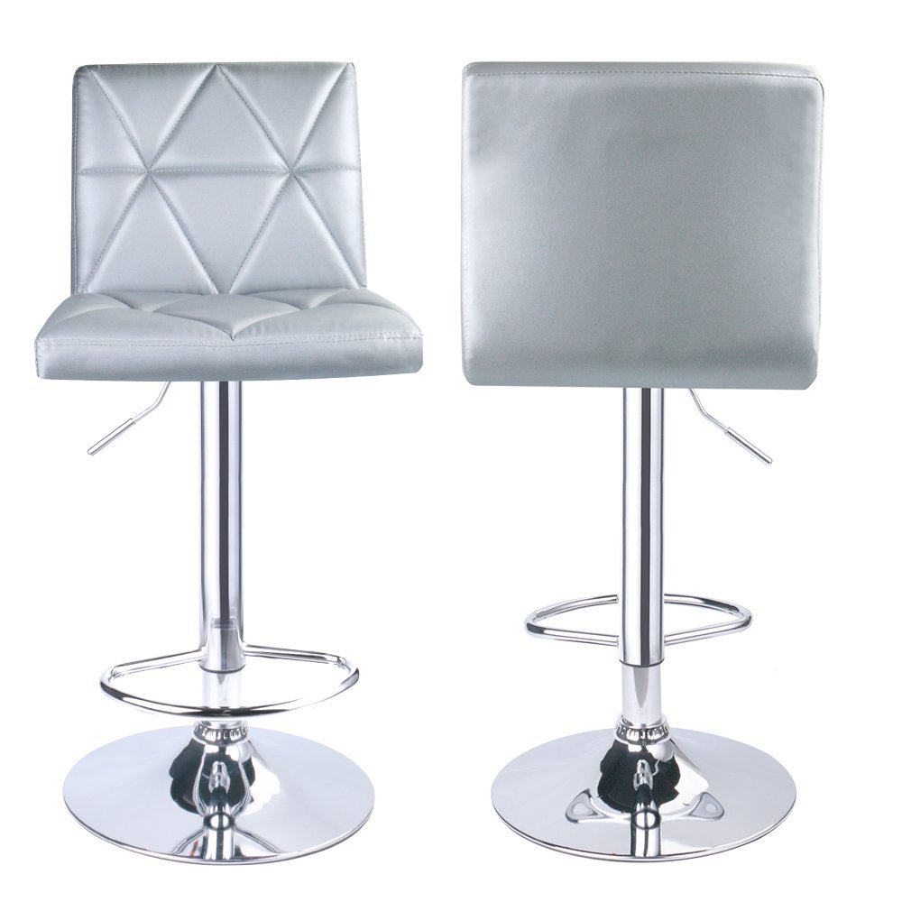 Hydraulic Square Back Bar Stools - Stainless Steel, 21.5"-31.5" Height, Silver | Modern Design, Adjustable & Rotatable, High Quality Pu Leather, Easy Assembly, Ergonomic Comfort, Set Of 2