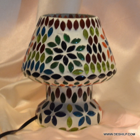 Antique Style Glass Table Lamp - Glass & Metal, 4.5x10 - 5.5x15 Inch, Multicolor Mosaic Design | Handmade, Modern Art, Polished, Table Top Installation, 4-8 Kilograms Weight