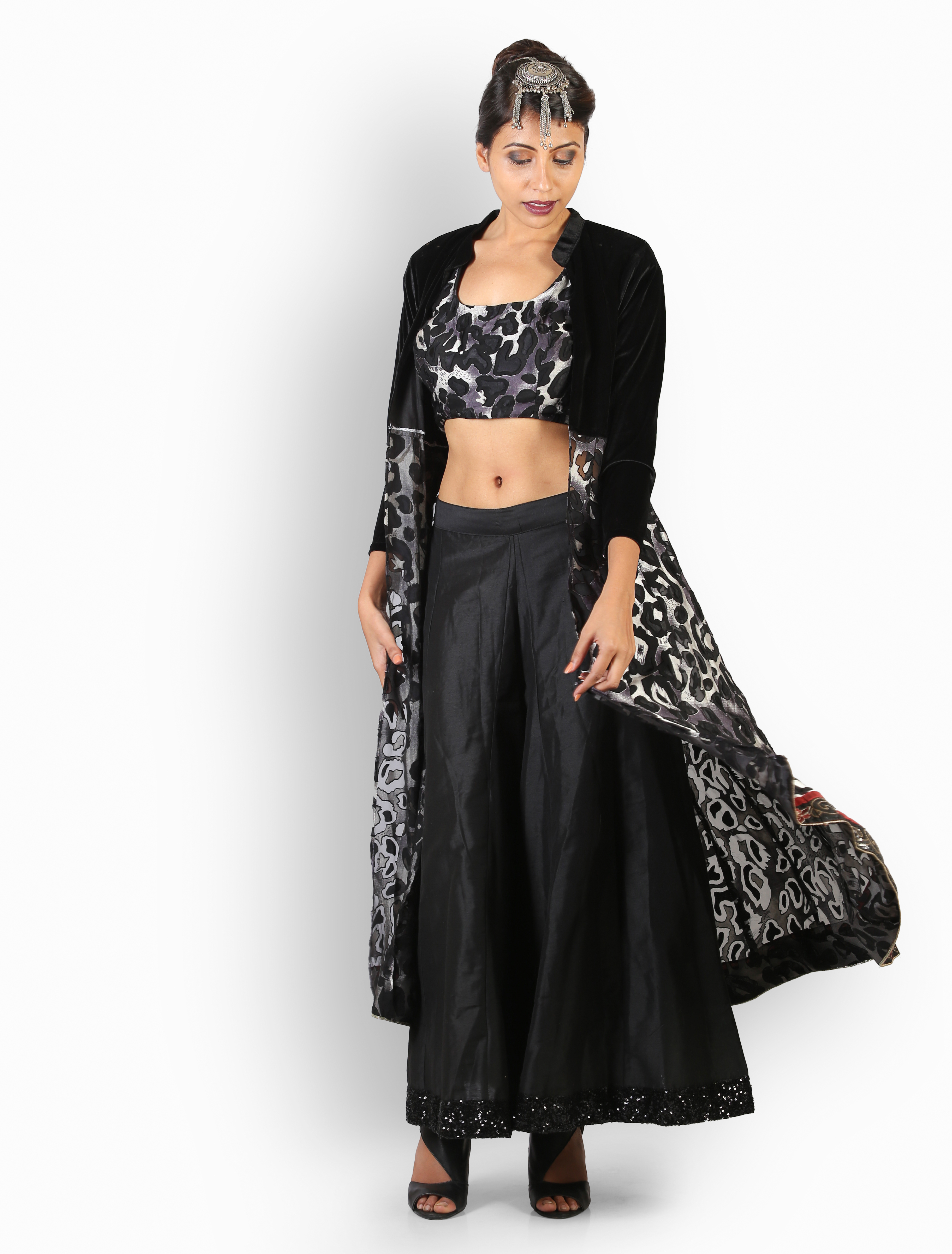Black Velvet Sharara Dress - Floor Length, Full Sleeves, Printed Design | Elegant Indo-western Party Attire With Long Shrug