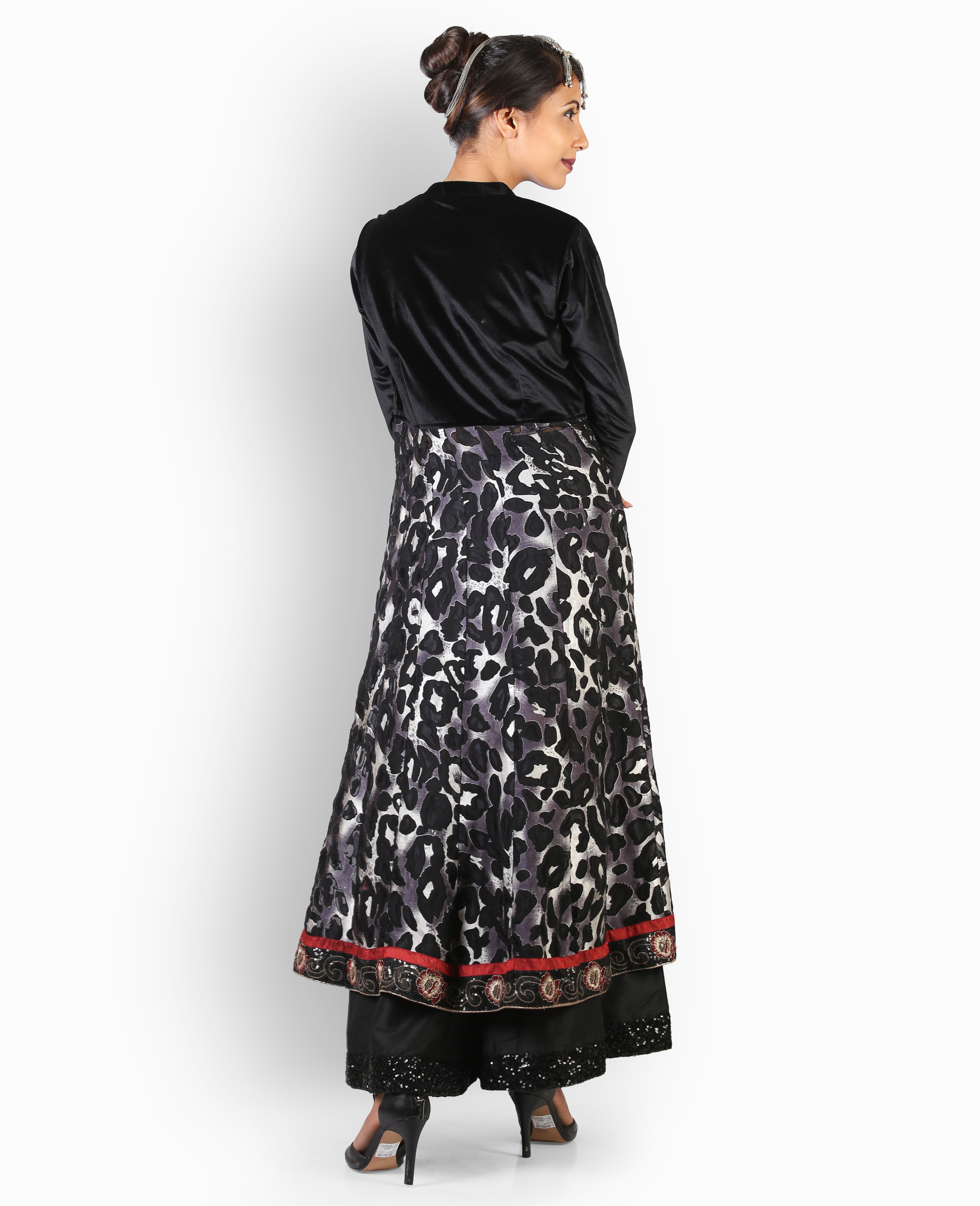 Black Velvet Sharara Dress - Floor Length, Full Sleeves, Printed Design | Elegant Indo-western Party Attire With Long Shrug