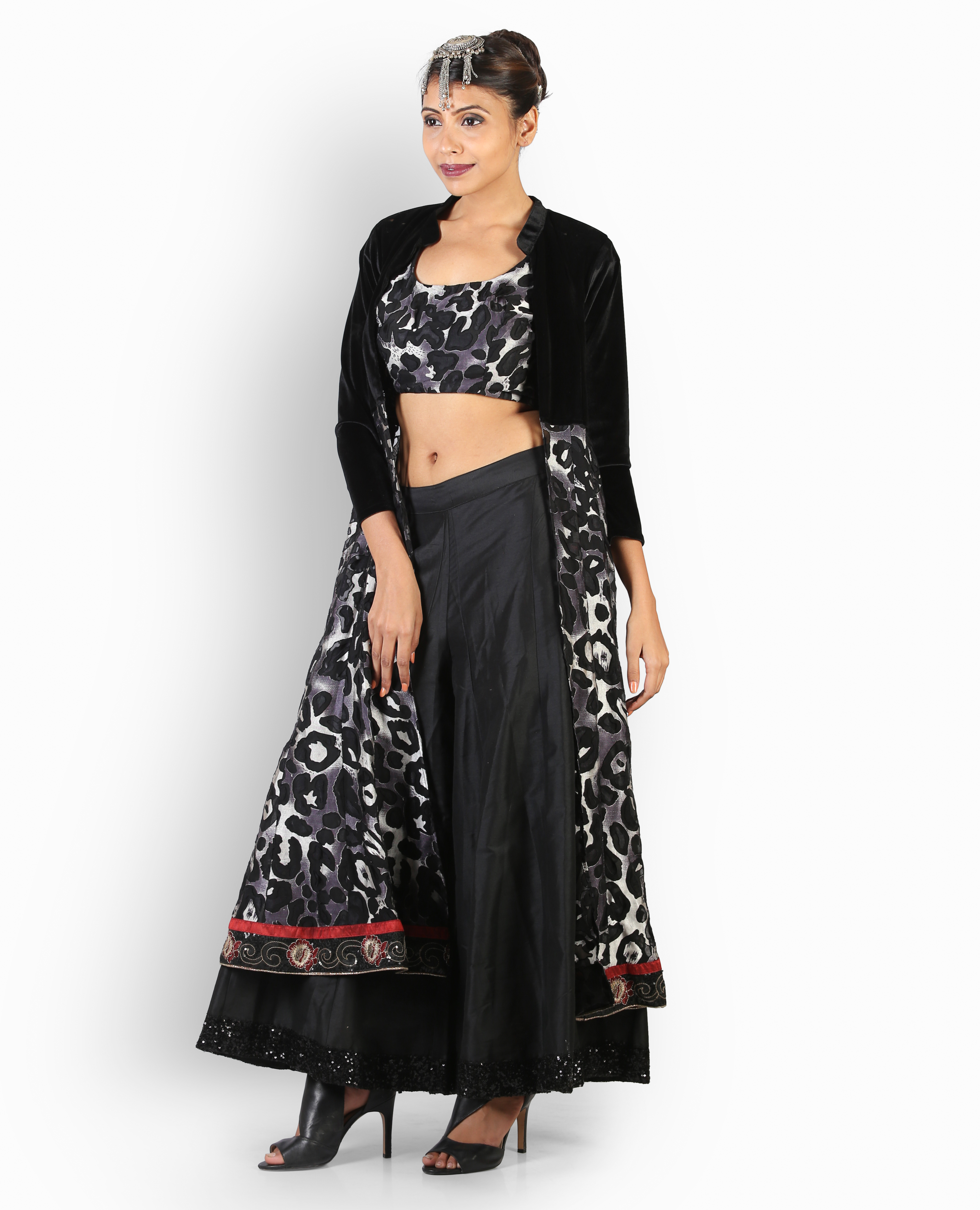 Black Velvet Sharara Dress - Floor Length, Full Sleeves, Printed Design | Elegant Indo-western Party Attire With Long Shrug