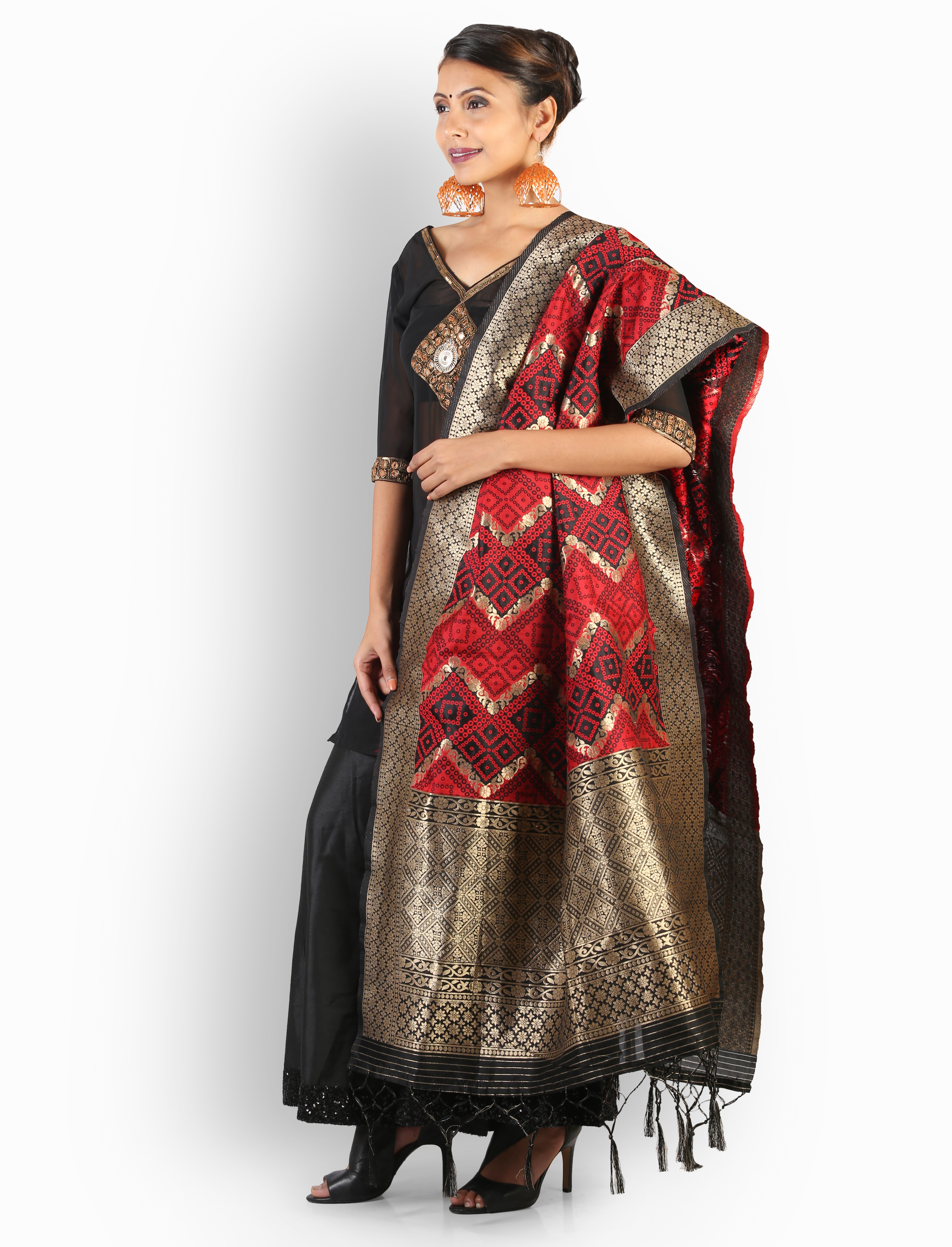 Embroidered Black Silk Kurti - Floor Length With 3/4 Sleeves, V Neckline | Party Wear Flared Sharara And Brocade Duptta