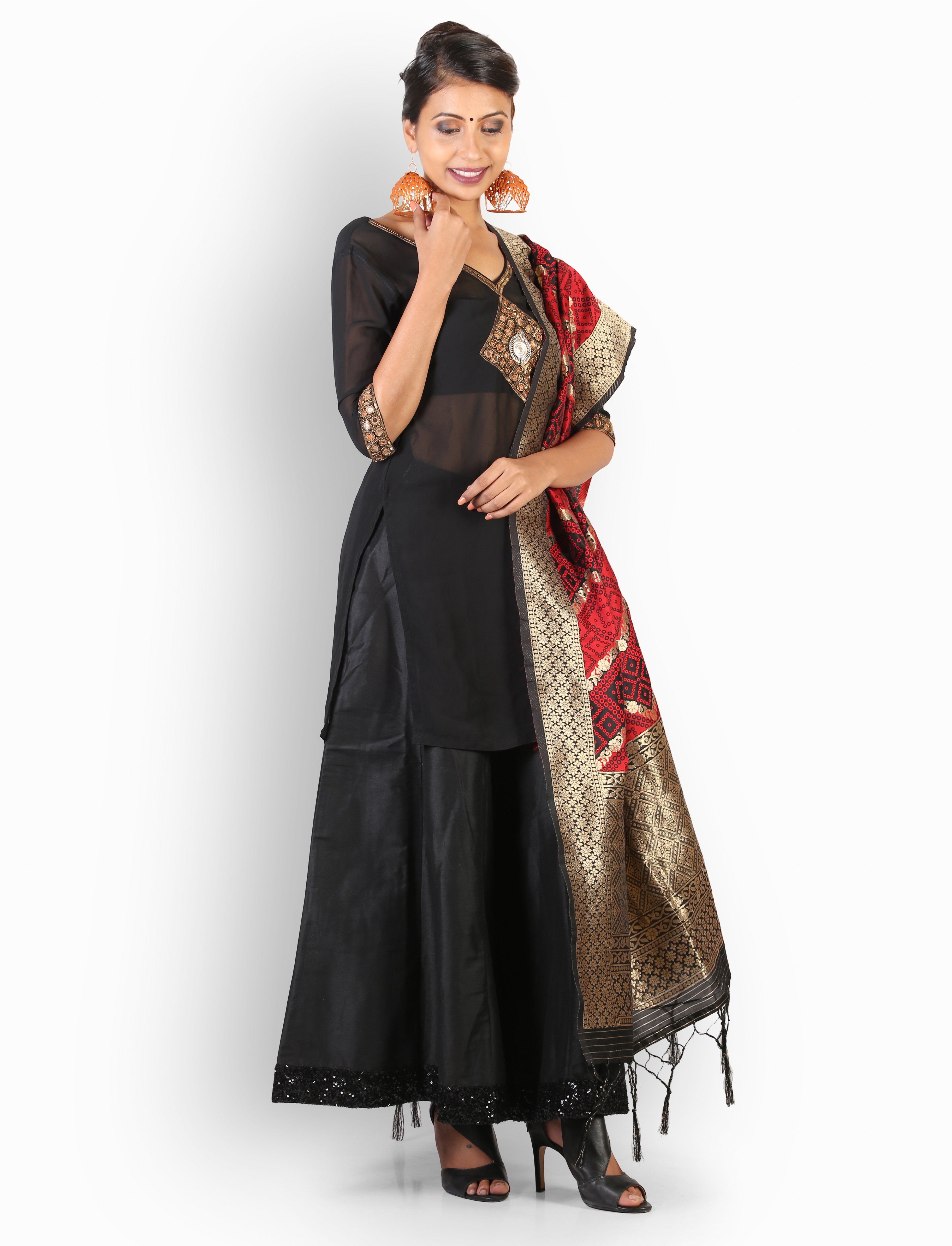 Embroidered Black Silk Kurti - Floor Length With 3/4 Sleeves, V Neckline | Party Wear Flared Sharara And Brocade Duptta