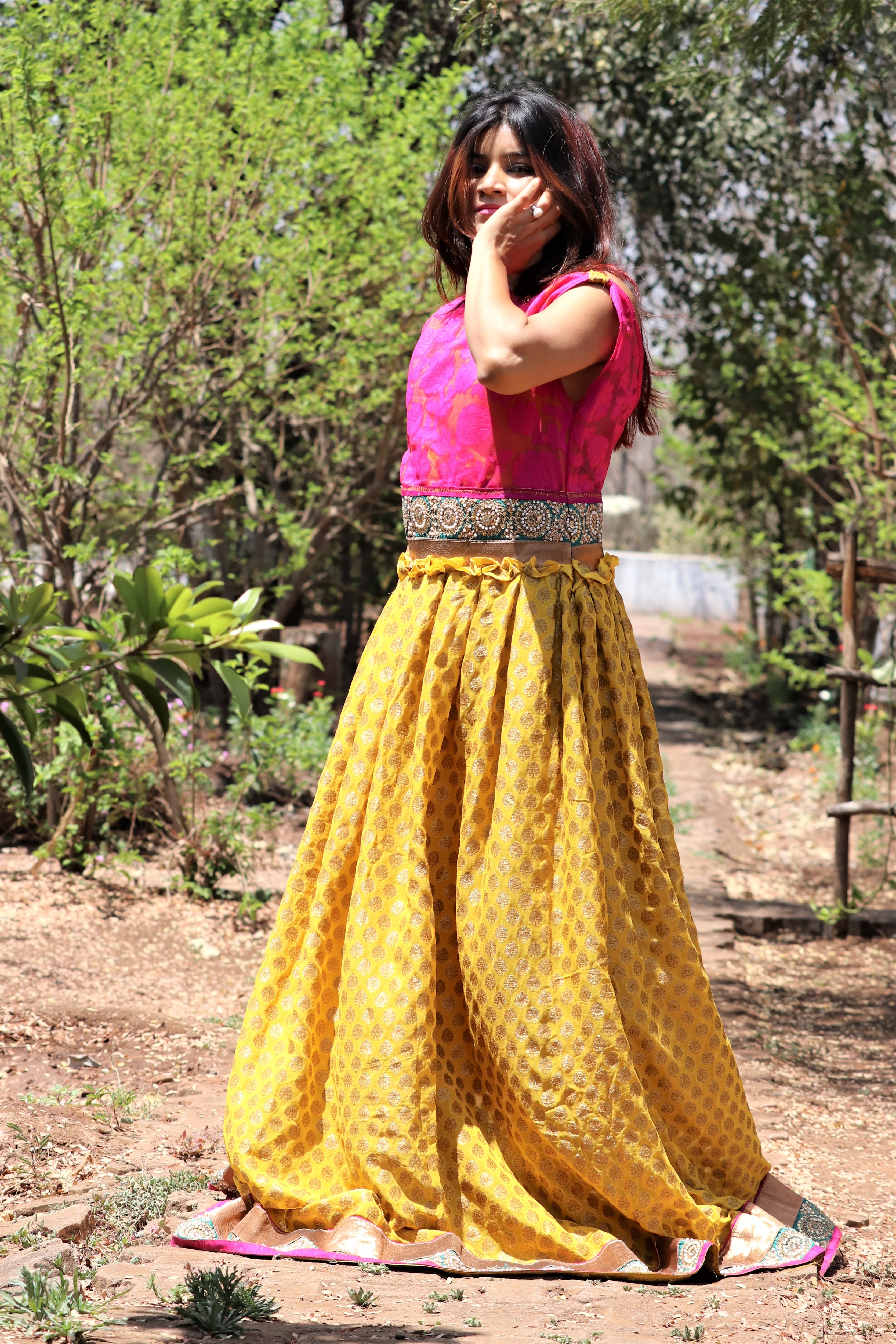 Georgette Gown - Plunging V Neck, Yellow And Pink Floral Pattern | Sleeveless, Floor Length, Ideal For Ethnic Photo Shoots