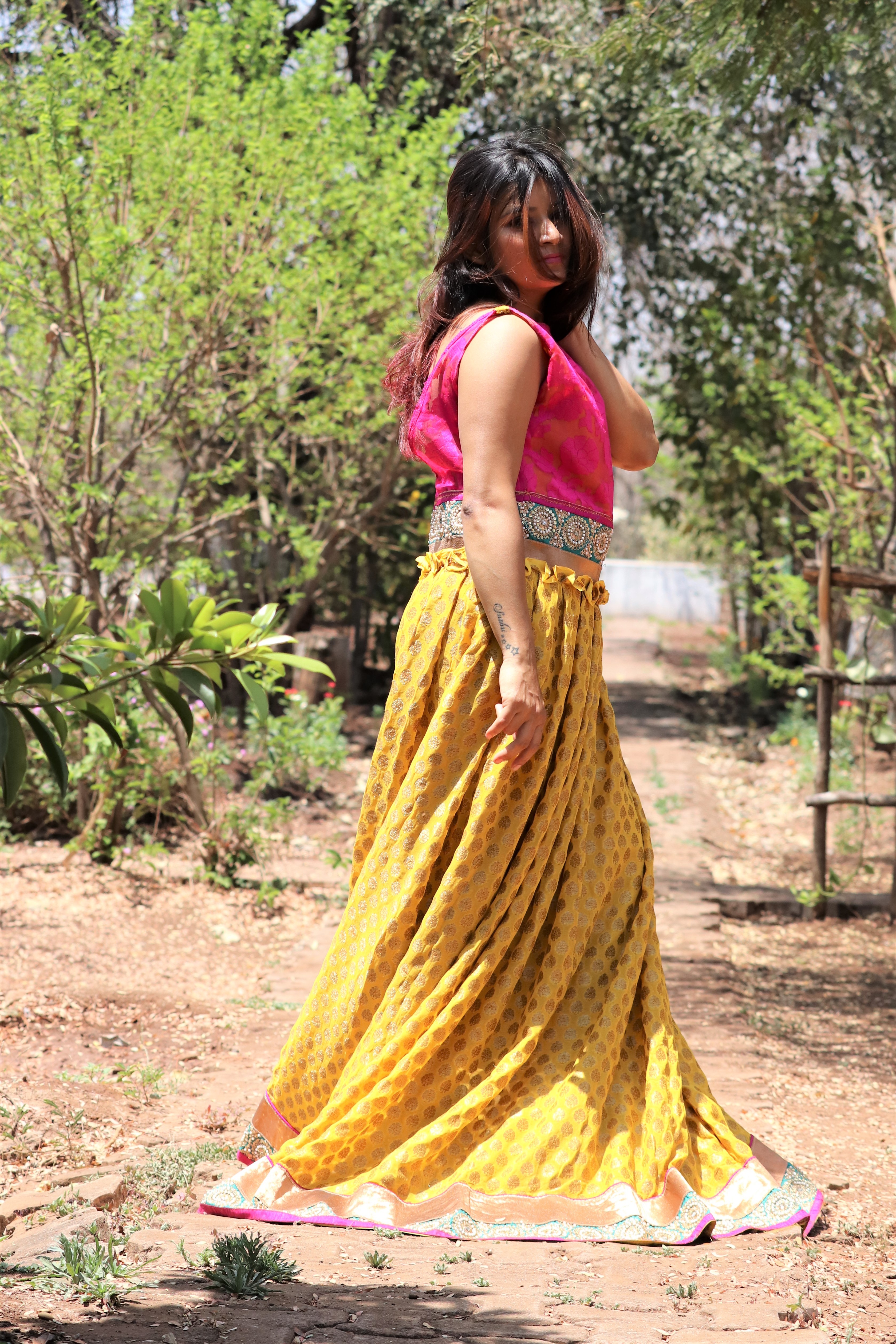 Georgette Gown - Plunging V Neck, Yellow And Pink Floral Pattern | Sleeveless, Floor Length, Ideal For Ethnic Photo Shoots