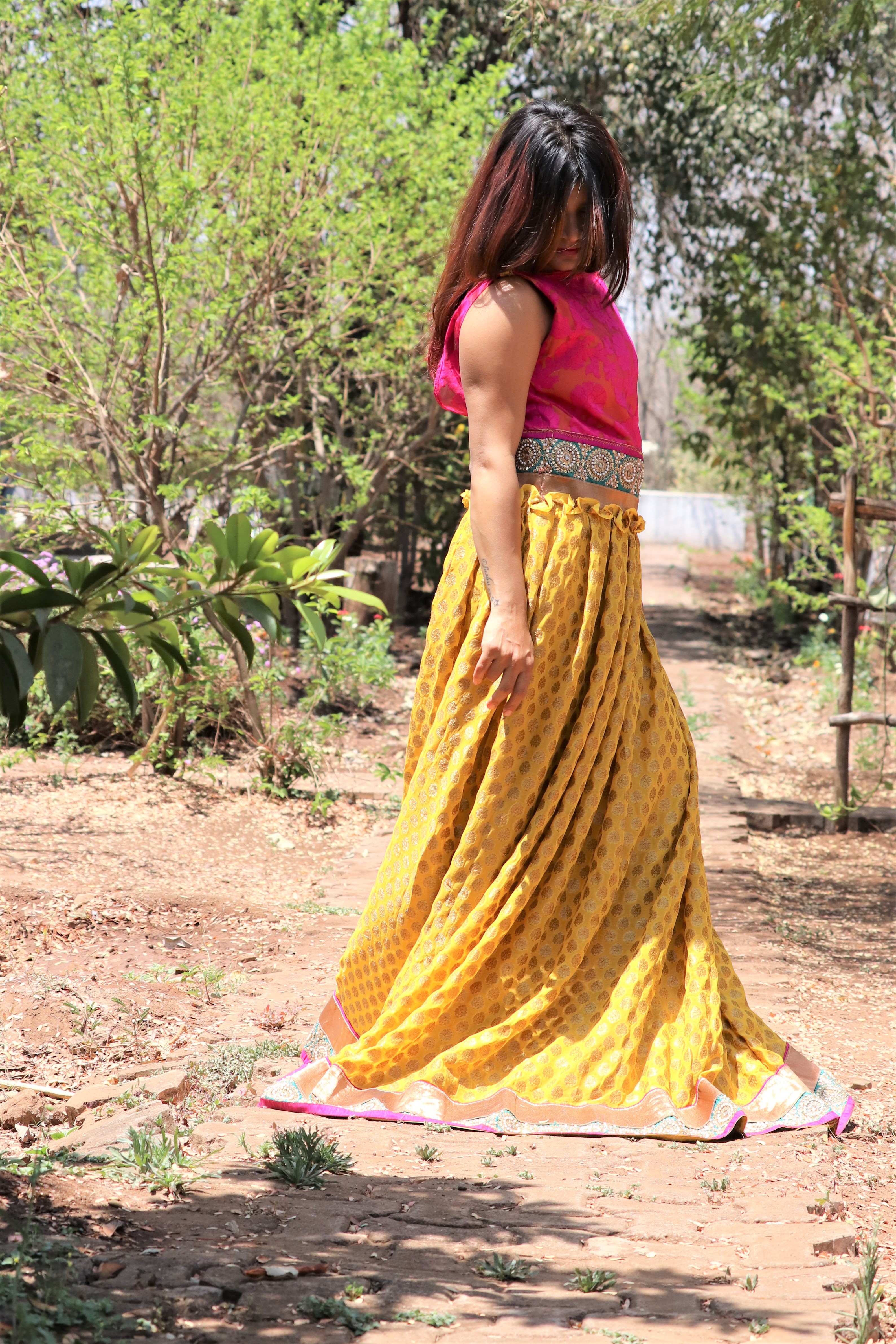 Georgette Gown - Plunging V Neck, Yellow And Pink Floral Pattern | Sleeveless, Floor Length, Ideal For Ethnic Photo Shoots