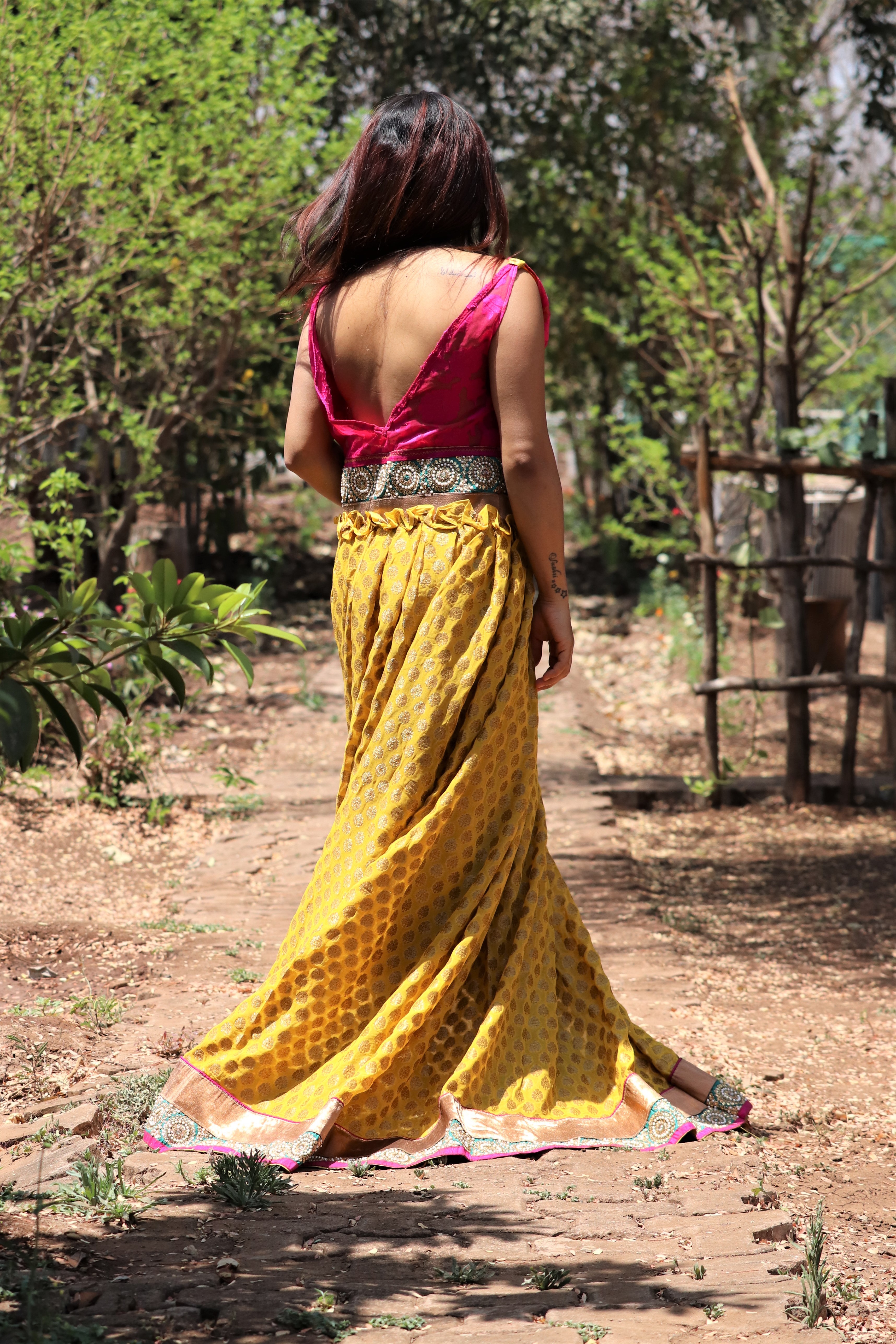 Georgette Gown - Plunging V Neck, Yellow And Pink Floral Pattern | Sleeveless, Floor Length, Ideal For Ethnic Photo Shoots